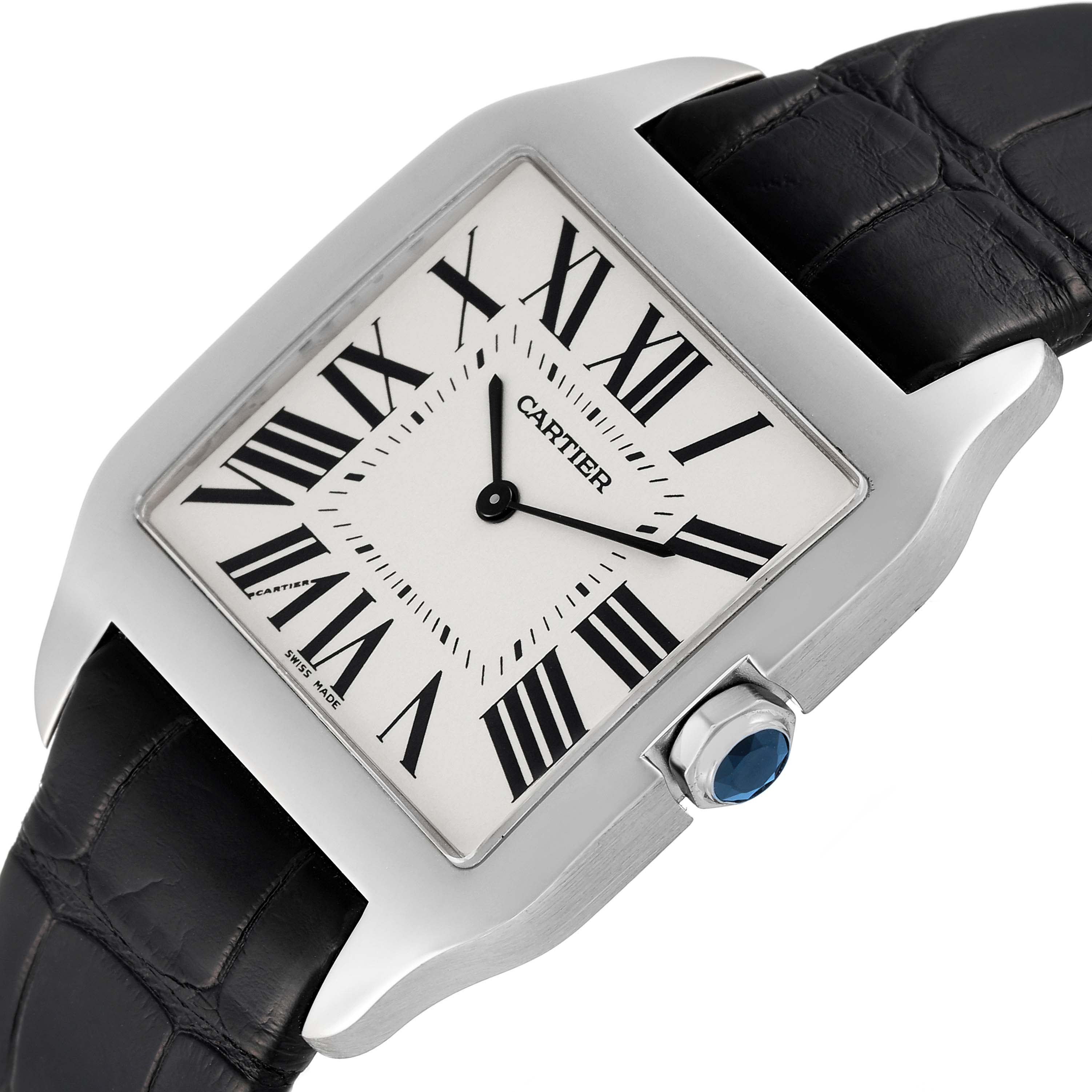 The image shows a Santos Dumont model watch by Cartier at an angled top-down view, highlighting its face, hands, crown, and leather strap.