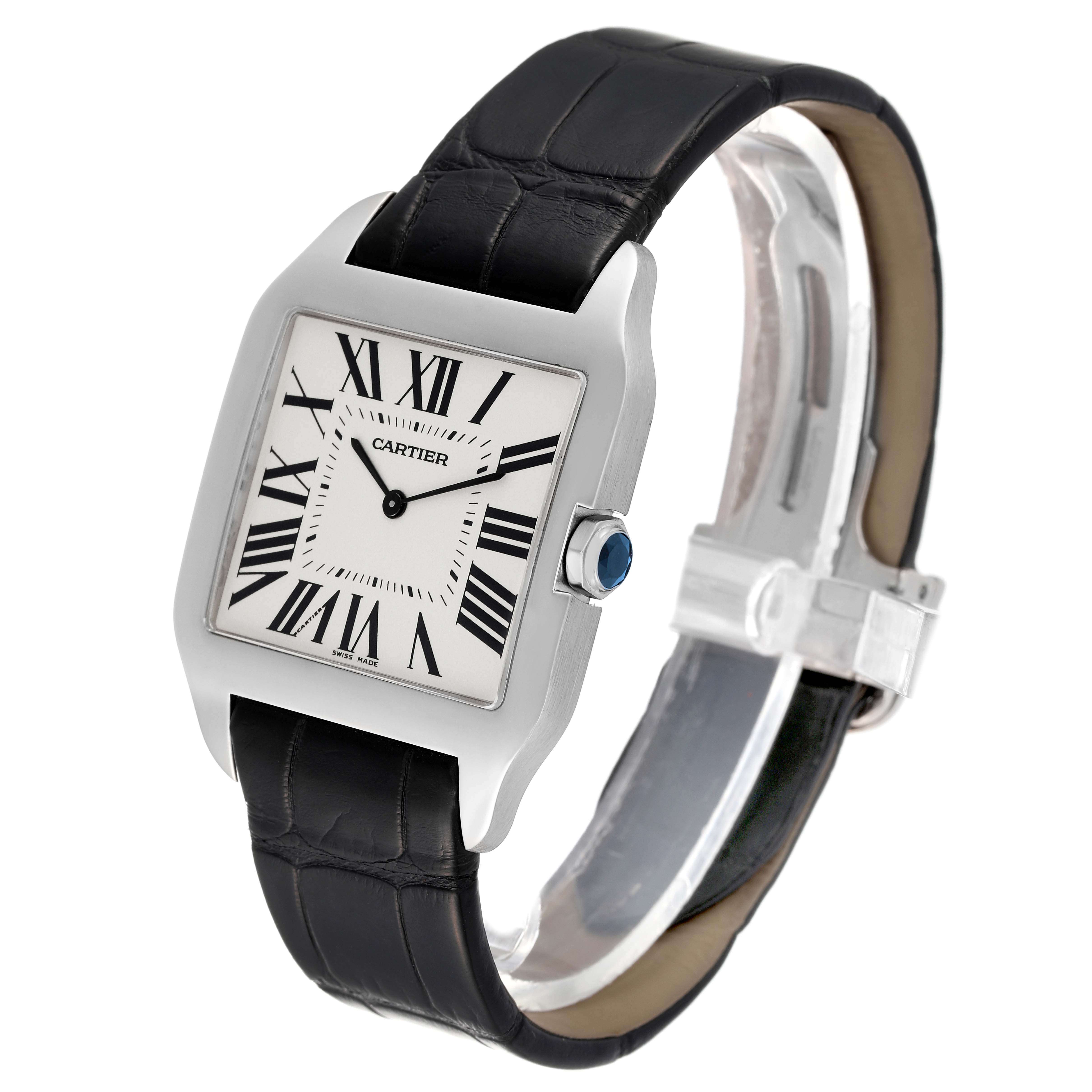The image shows a Cartier Santos Dumont W2007051 Men's White Gold Silver Dial W2007051 Men's White Gold Silver Dial model watch from an angled side view, highlighting the face, crown, and leather strap.