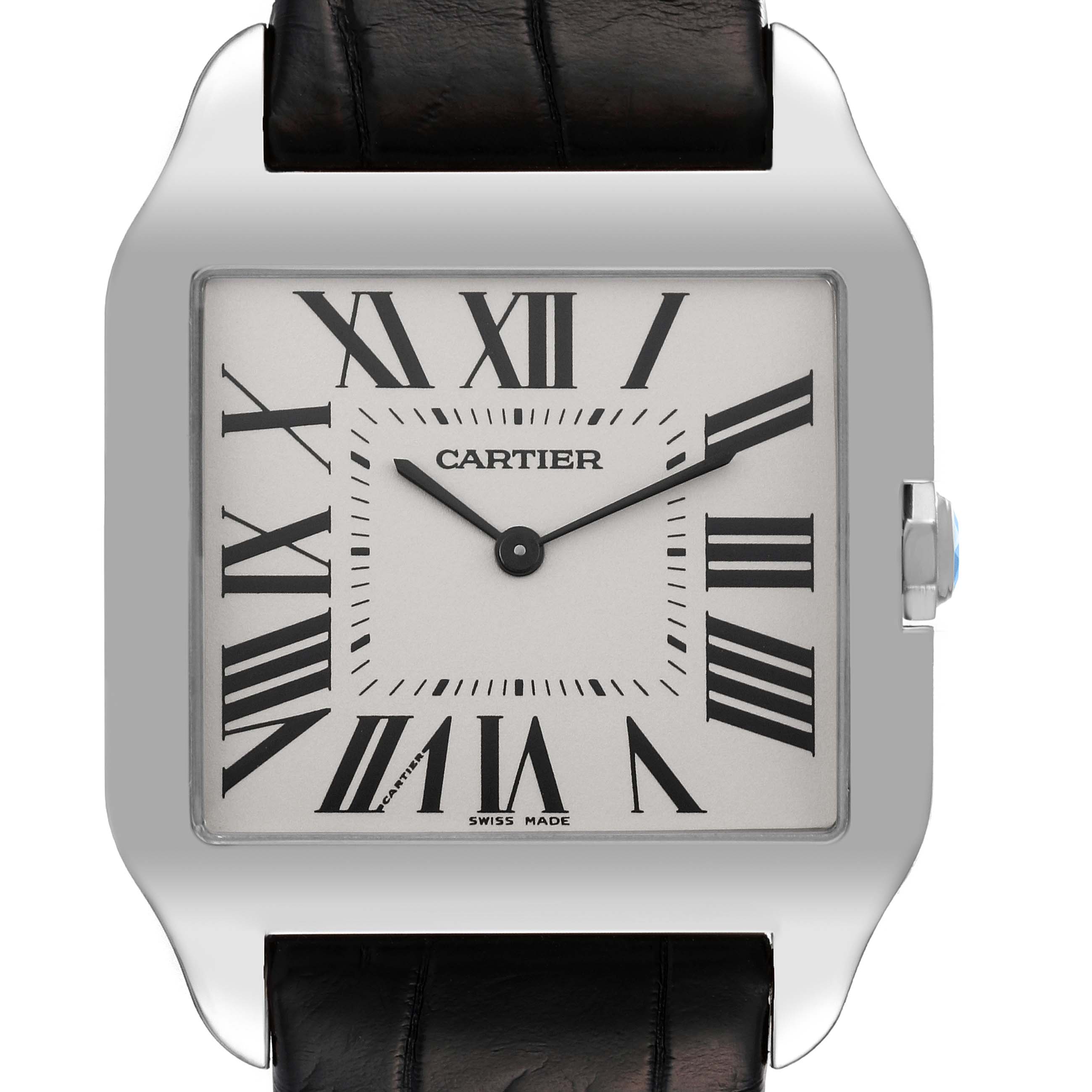 The image shows a front view of the Cartier Santos Dumont W2007051 Men's White Gold Silver Dial W2007051 Men's White Gold Silver Dial watch, highlighting the dial, case, crown, and part of the leather strap.