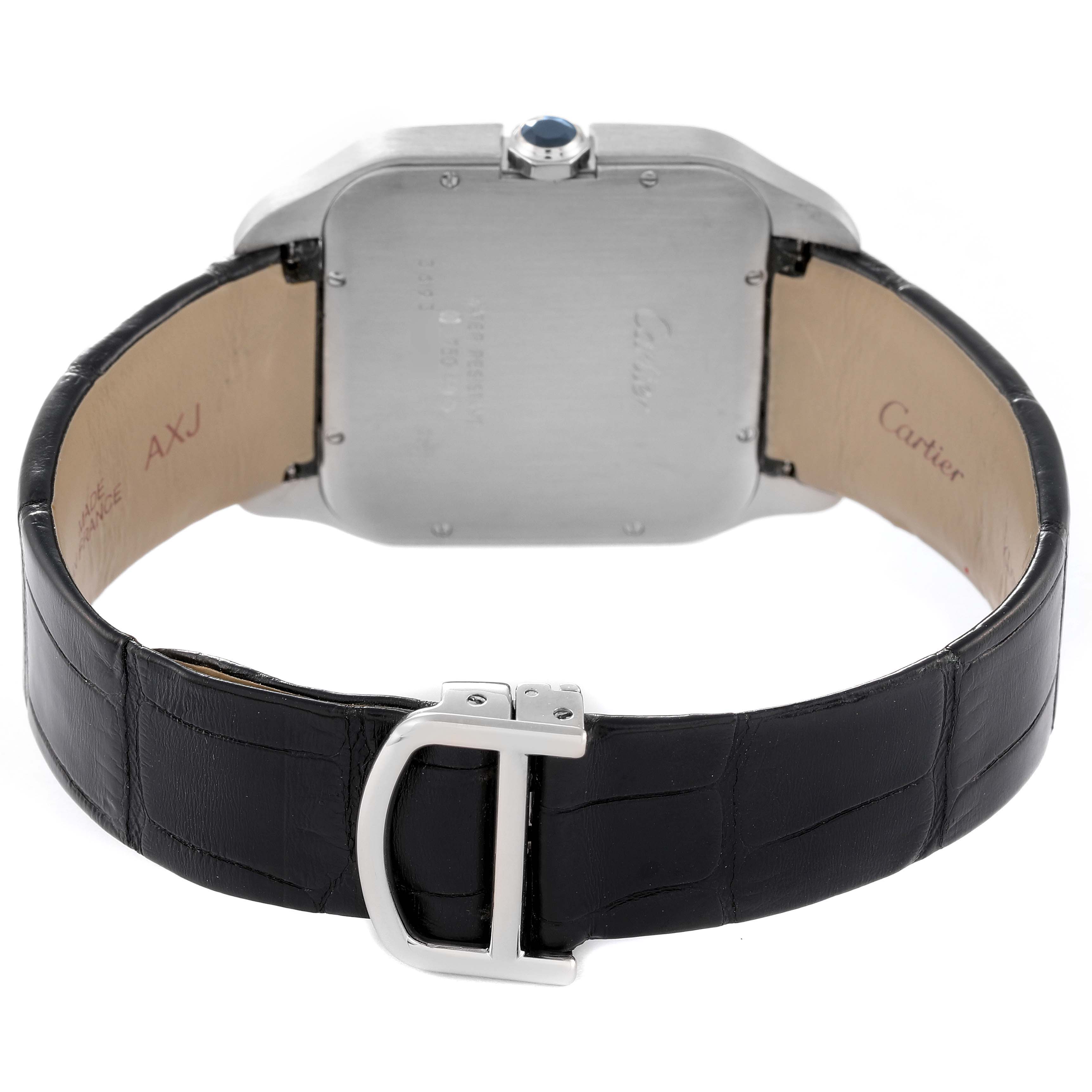 The image shows the back case and leather strap of a Santos Dumont model by Cartier, viewed from the rear.