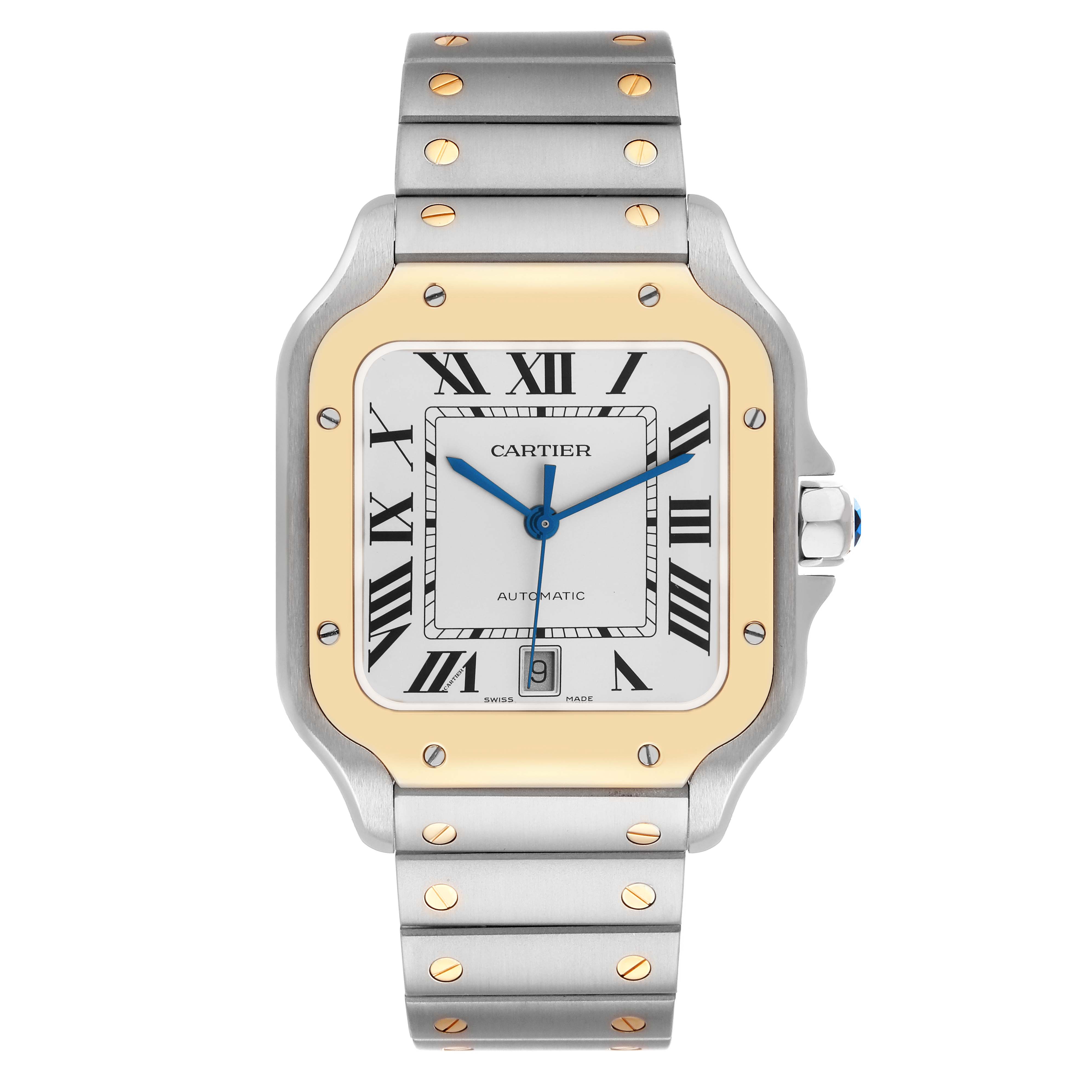 The Cartier Santos W2SA0009 Men
s Stainless Steel Silver Dial watch is shown from a front angle, displaying the dial, case, bezel, bracelet, and crown.