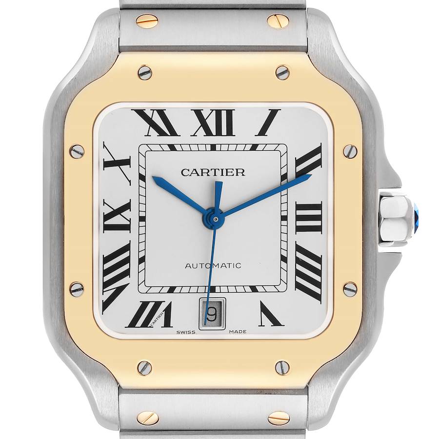 The Cartier Santos W2SA0009 Men's Stainless Steel Silver Dial watch is shown from a front angle, highlighting its face, bezel, and part of the bracelet.