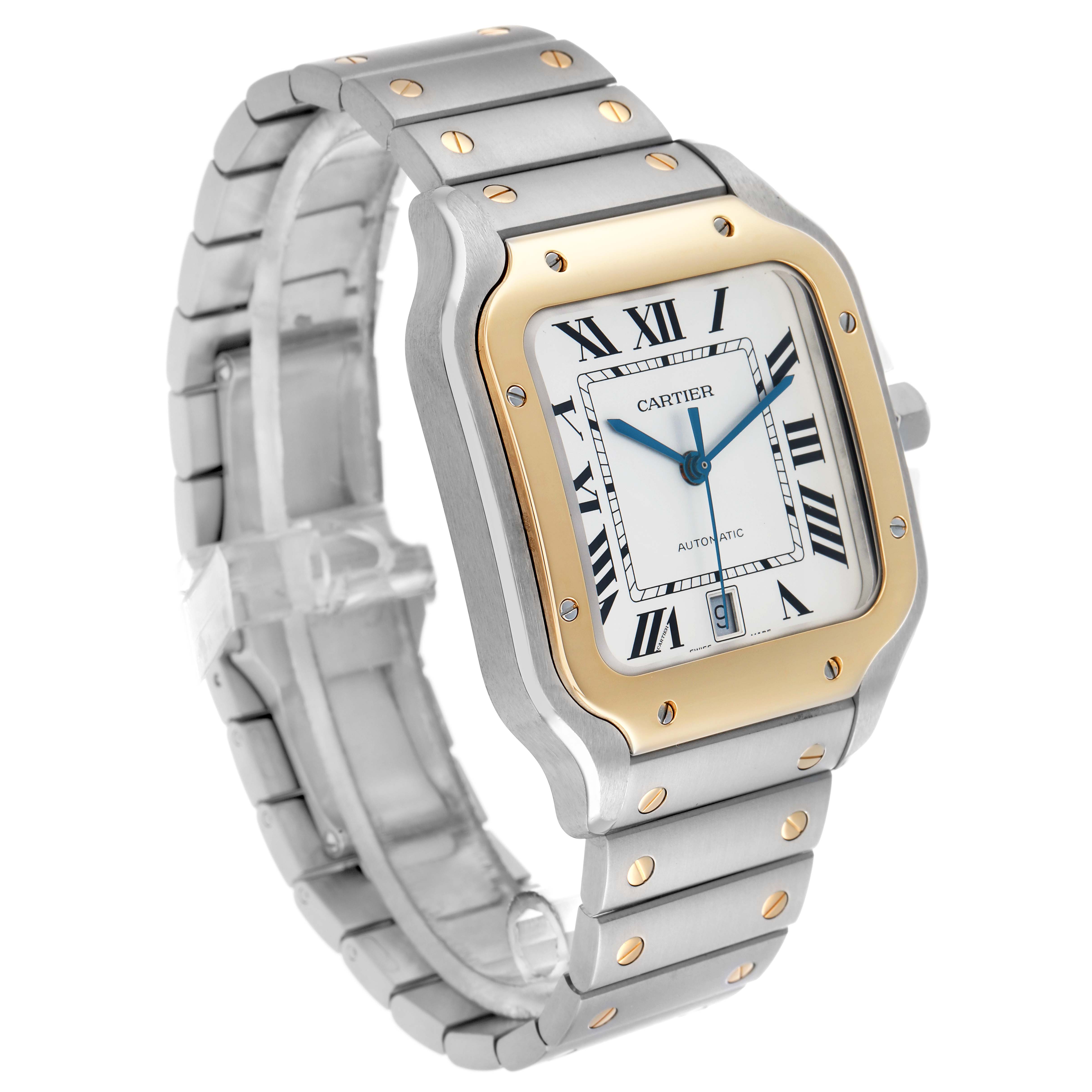 The Cartier Santos W2SA0009 Men
s Stainless Steel Silver Dial watch is shown at a three-quarter angle, displaying the face, bezel, bracelet, and crown.