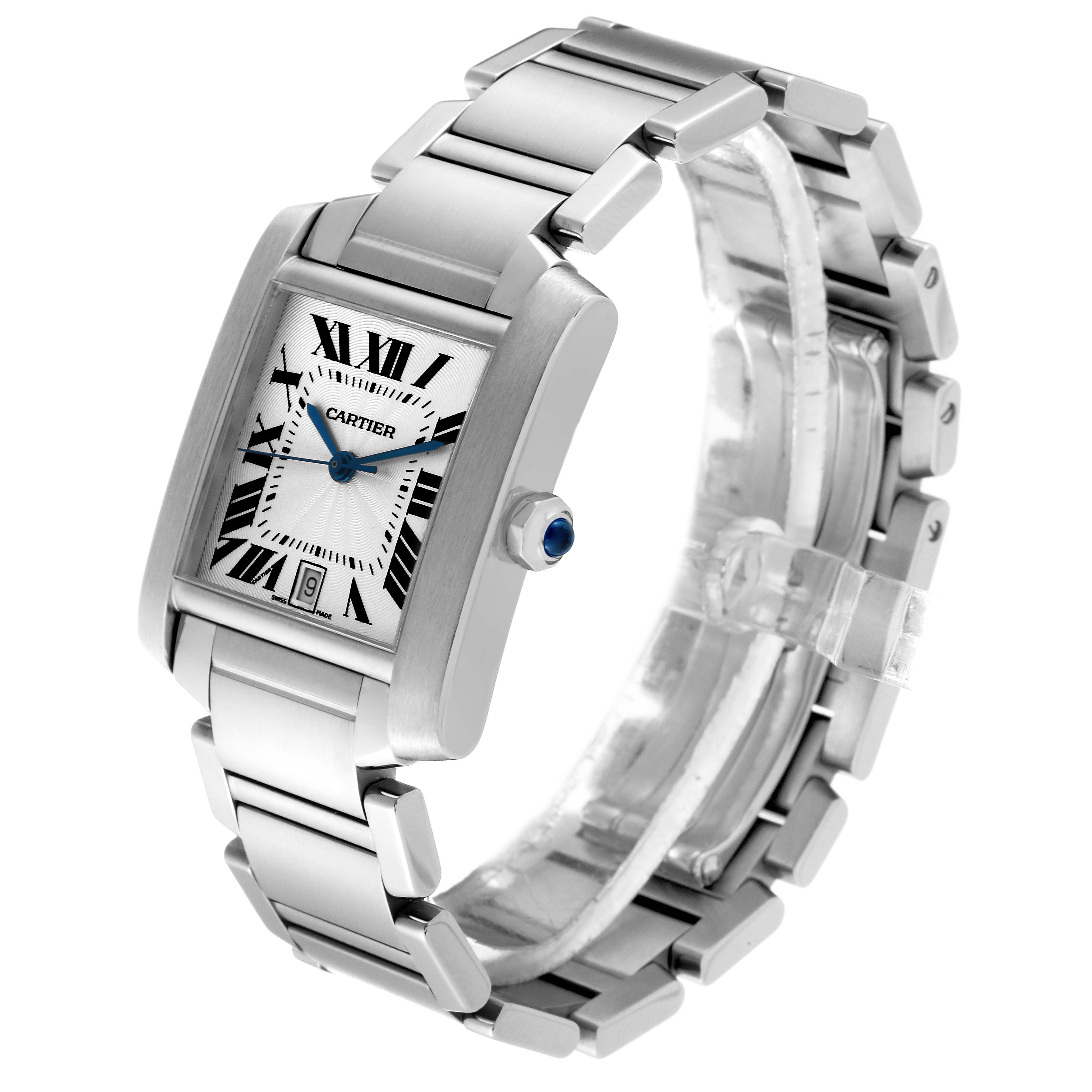 The Cartier Tank Francaise W51002Q3 Men's Stainless Steel Silver Dial W51002Q3 Men's Stainless Steel Silver Dial watch is shown at a three-quarter angle featuring the face, crown, and bracelet.