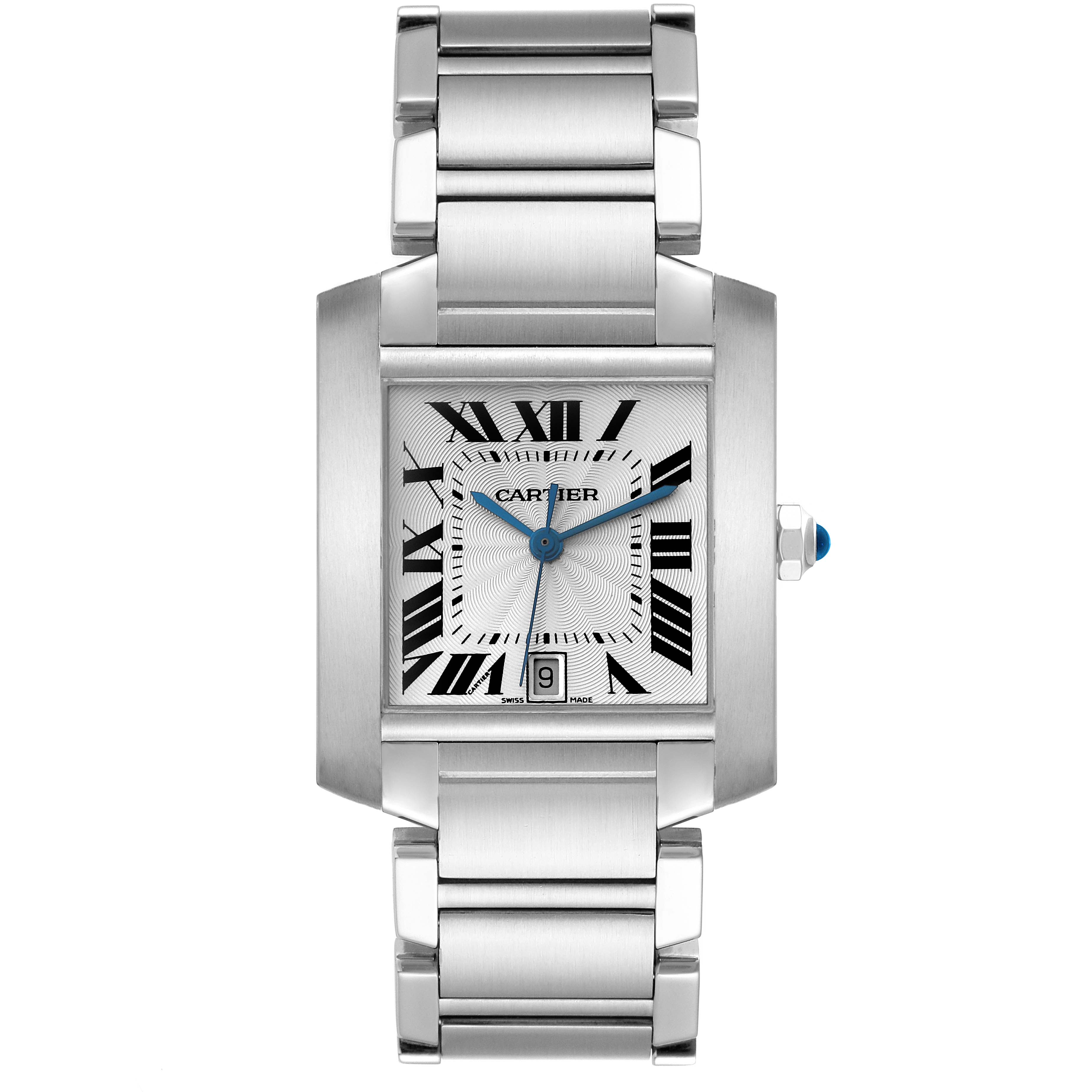 This image shows a frontal view of the Cartier Tank Francaise W51002Q3 Men's Stainless Steel Silver Dial W51002Q3 Men's Stainless Steel Silver Dial watch, highlighting its bracelet, square dial, and Roman numeral markers.
