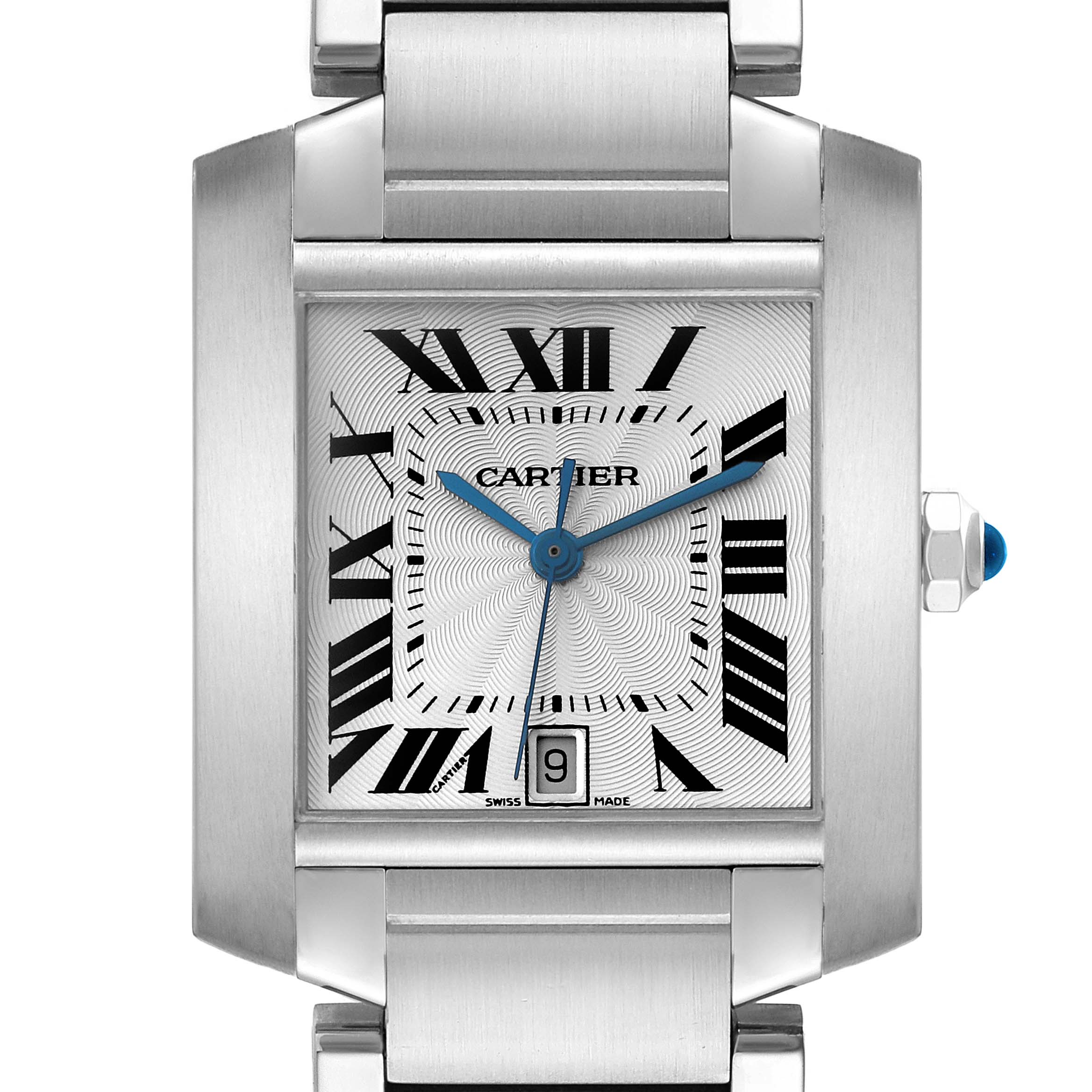 The image shows a close-up of the front face of the Cartier Tank Francaise W51002Q3 Men's Stainless Steel Silver Dial W51002Q3 Men's Stainless Steel Silver Dial watch, detailing the dial, Roman numerals, date window, and part of the bracelet.