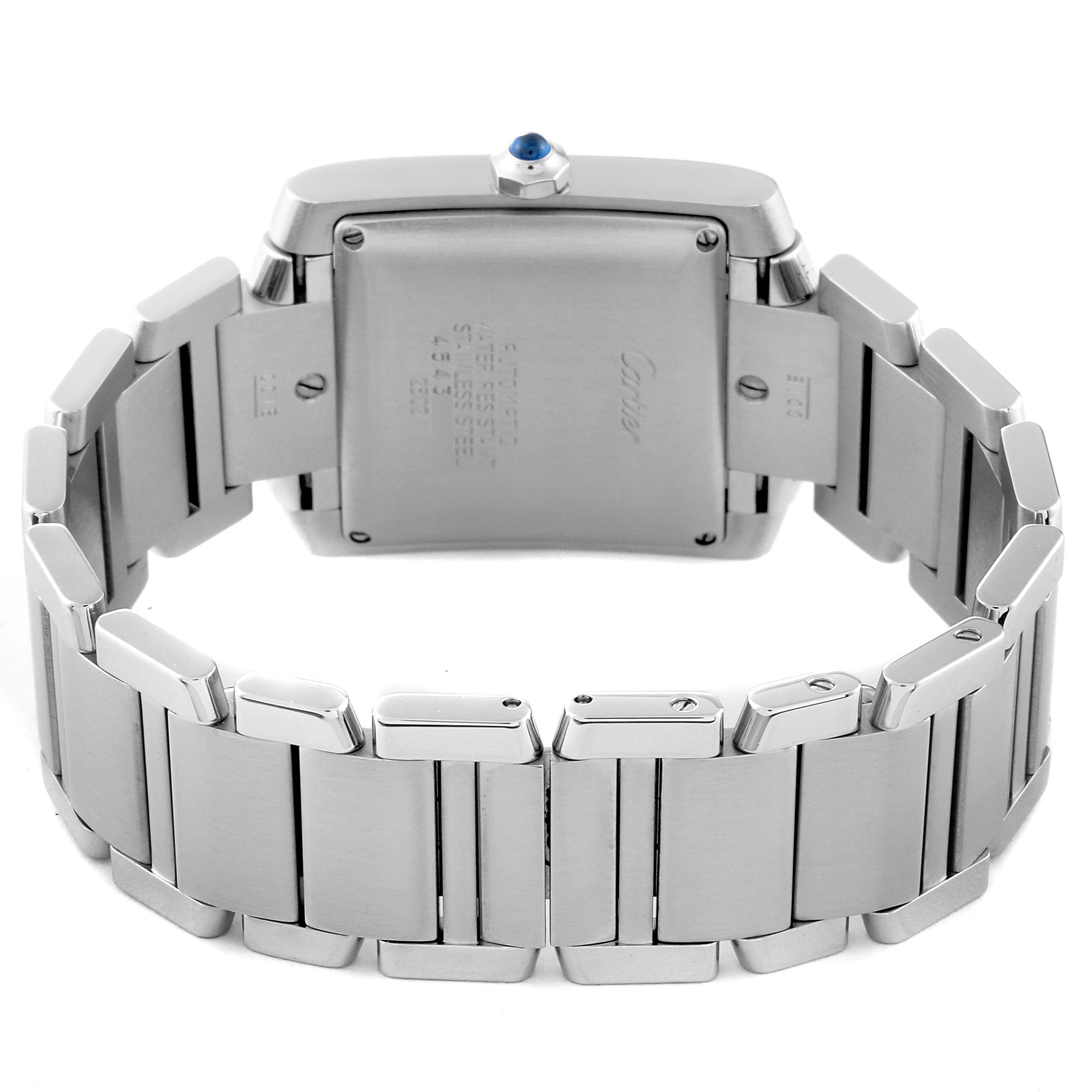 The image shows the back of a Cartier Tank Francaise W51002Q3 Men's Stainless Steel Silver Dial W51002Q3 Men's Stainless Steel Silver Dial watch, highlighting its stainless steel case and bracelet.