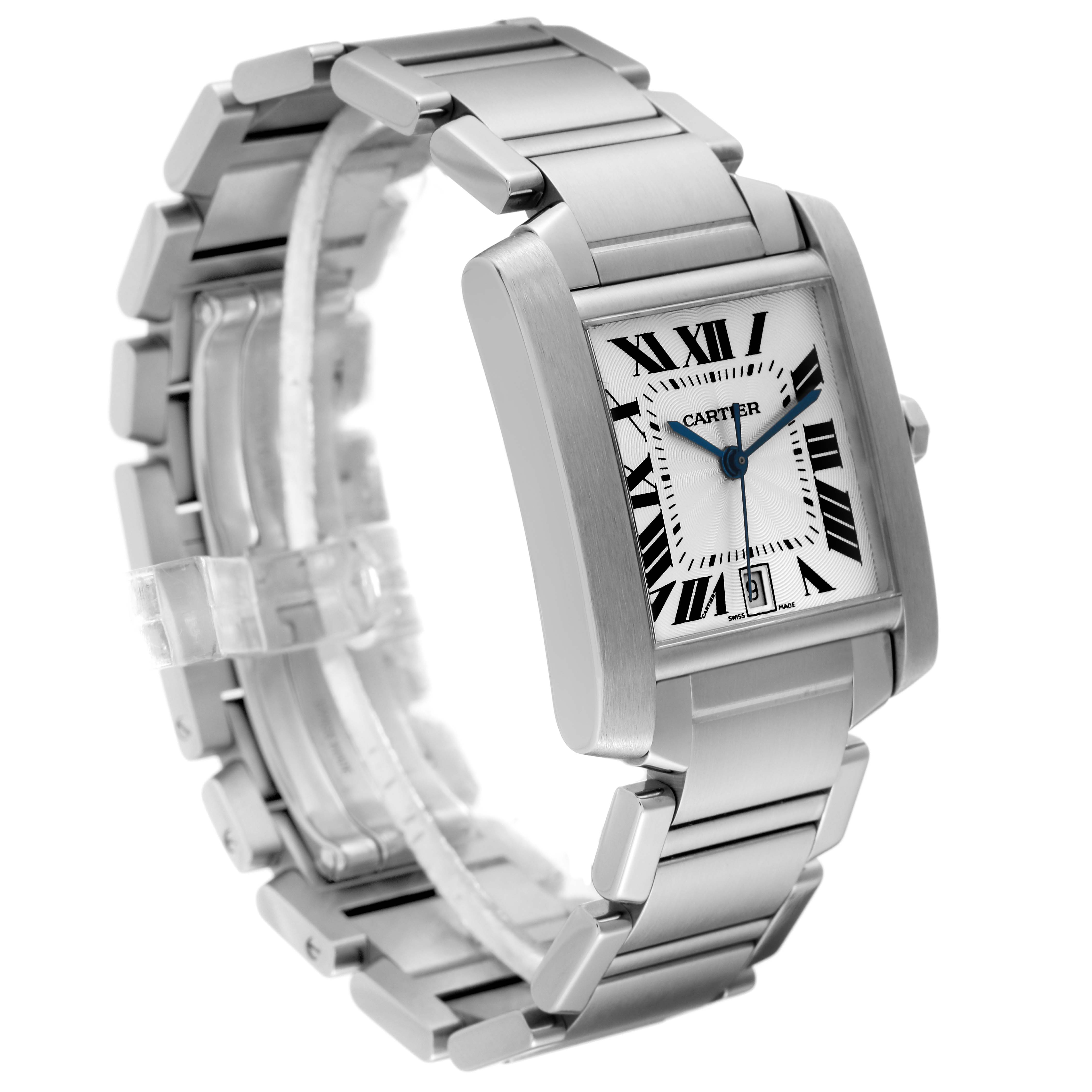 The image shows a Cartier Tank Francaise W51002Q3 Men's Stainless Steel Silver Dial W51002Q3 Men's Stainless Steel Silver Dial watch angled slightly from above, highlighting the face, bracelet, and clasp.