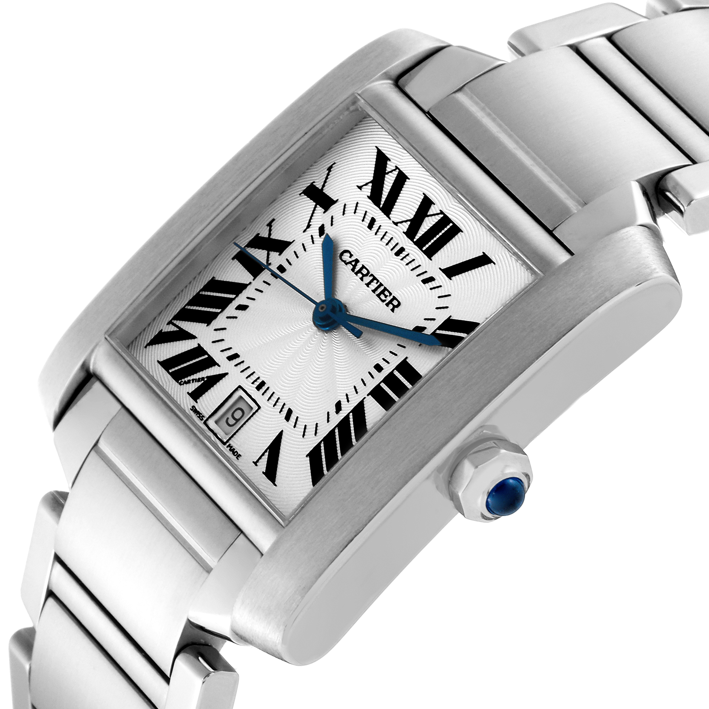This image shows a close-up of the Cartier Tank Francaise W51002Q3 Men's Stainless Steel Silver Dial W51002Q3 Men's Stainless Steel Silver Dial watch face, crown, and part of the bracelet from an angled view.
