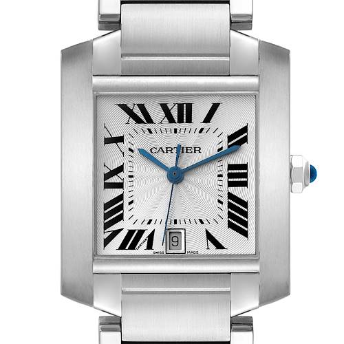 The image shows a front view of the Cartier Tank Francaise watch, displaying its face, roman numerals, hands, and part of the bracelet.