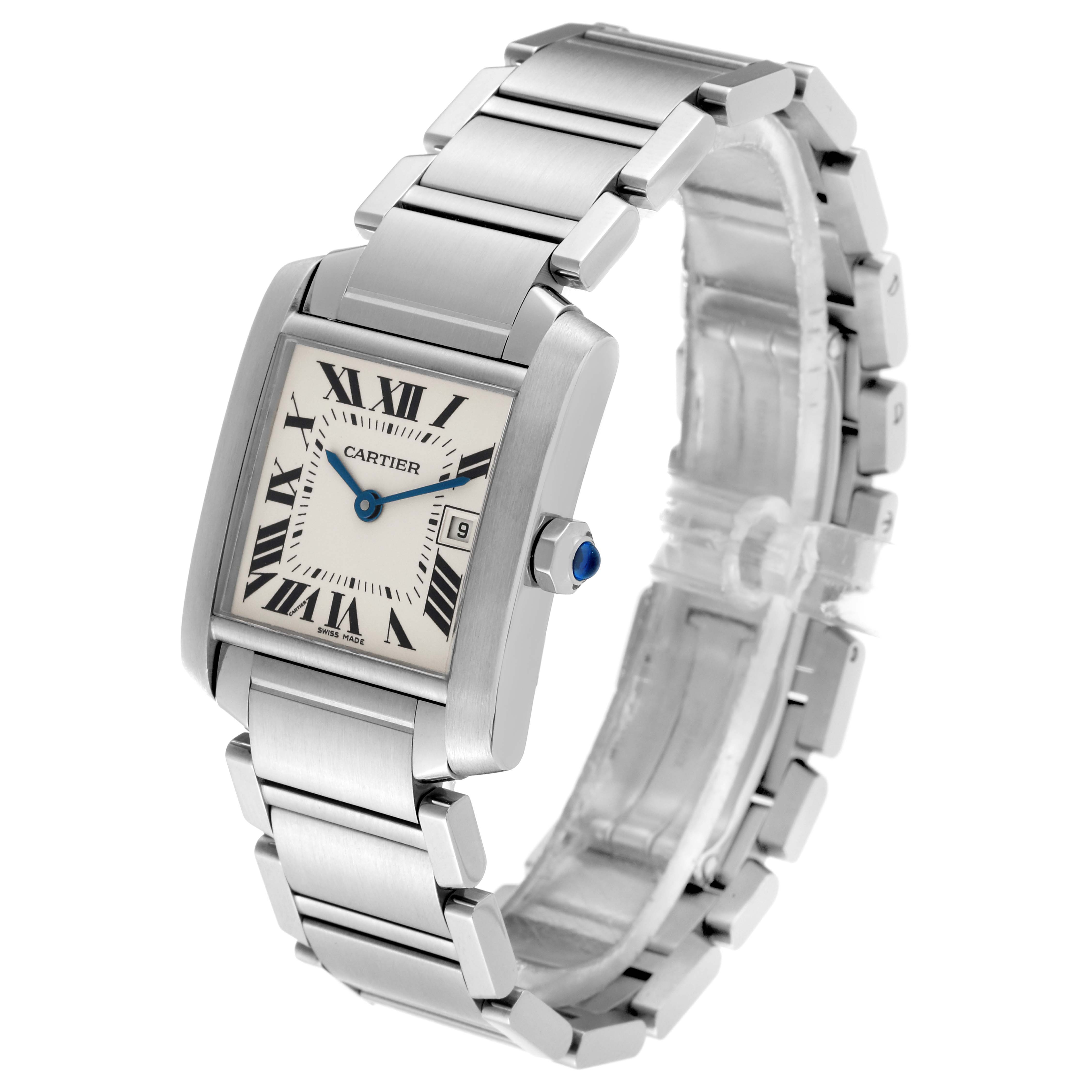 The image shows a Cartier Tank Francaise W51011Q3 Women's Stainless Steel Silver Dial W51011Q3 Women's Stainless Steel Silver Dial watch with a silver bracelet, rectangular case, and Roman numeral dial from an angled view.