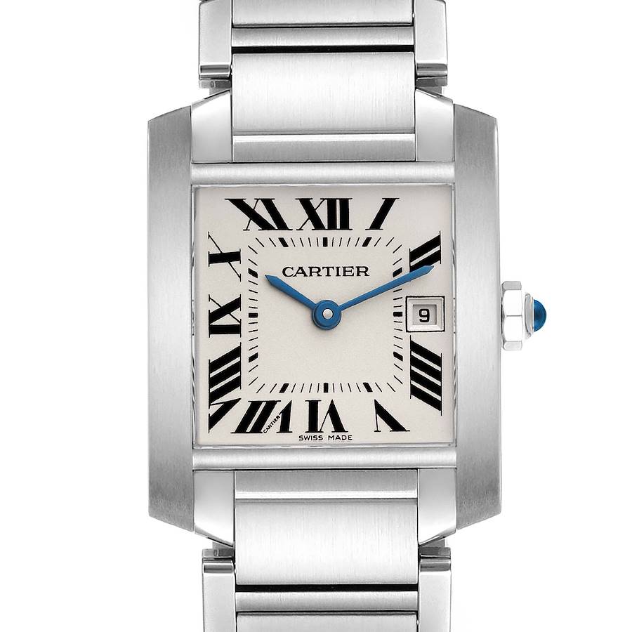 This image shows a frontal view of a Cartier Tank Francaise watch, highlighting the face, bracelet, and crown.