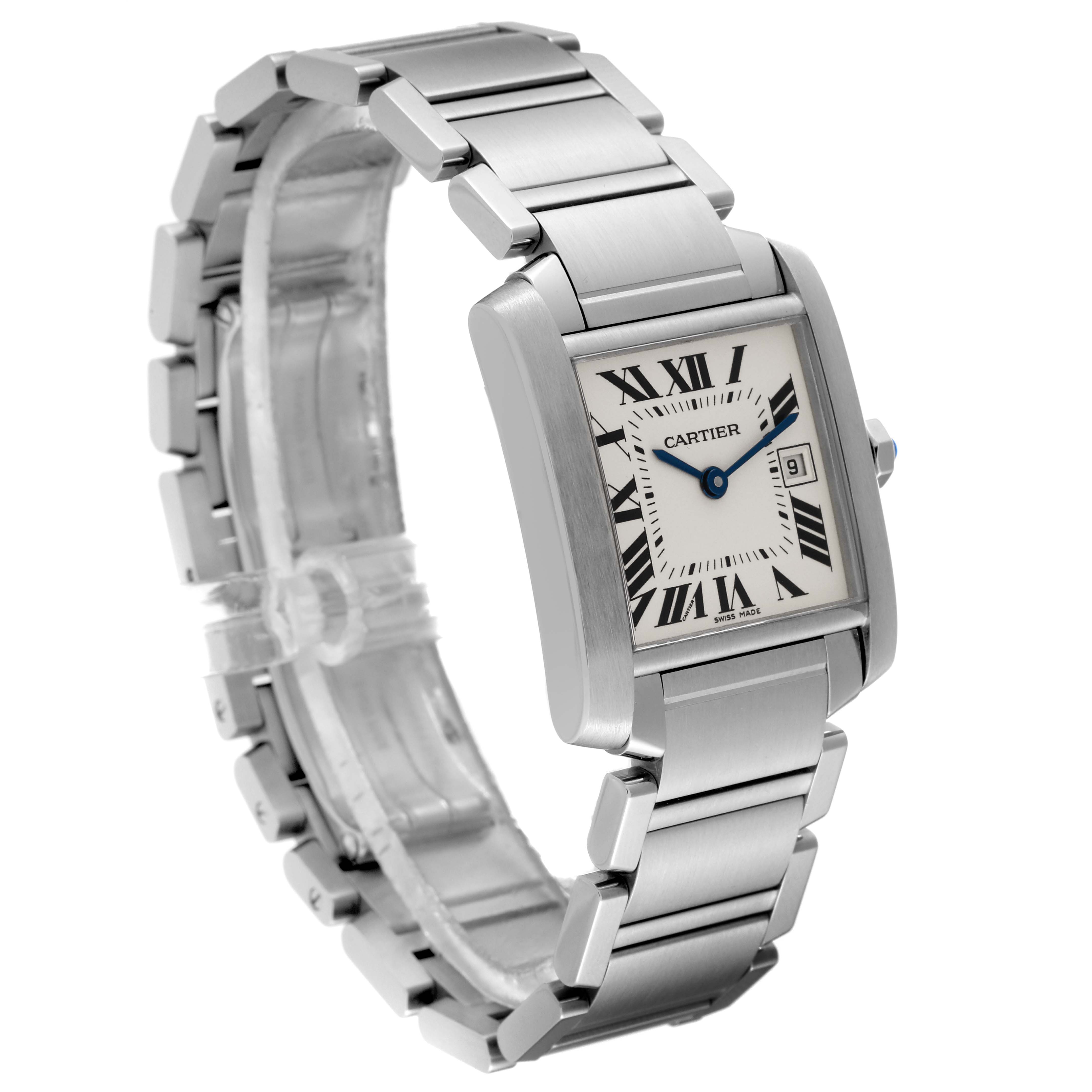 This image shows the Cartier Tank Francaise W51011Q3 Women's Stainless Steel Silver Dial W51011Q3 Women's Stainless Steel Silver Dial watch at a three-quarter angle, highlighting the bracelet, case, and dial.