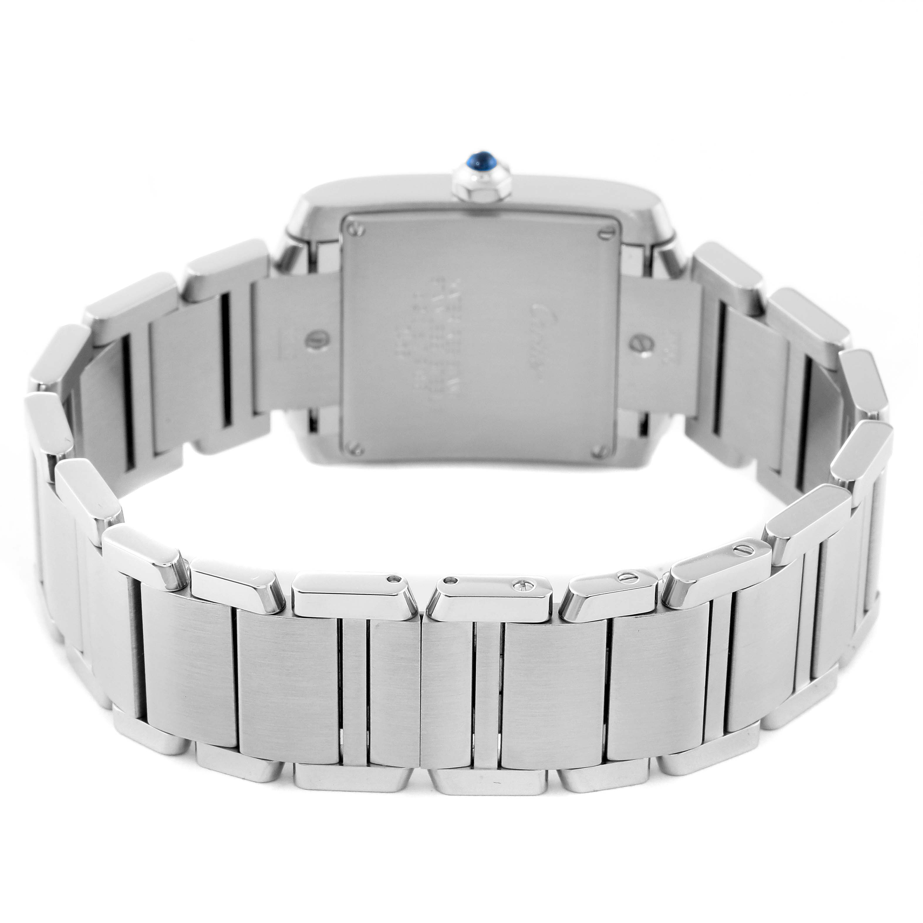 The image shows the back view and bracelet of the Cartier Tank Française watch.