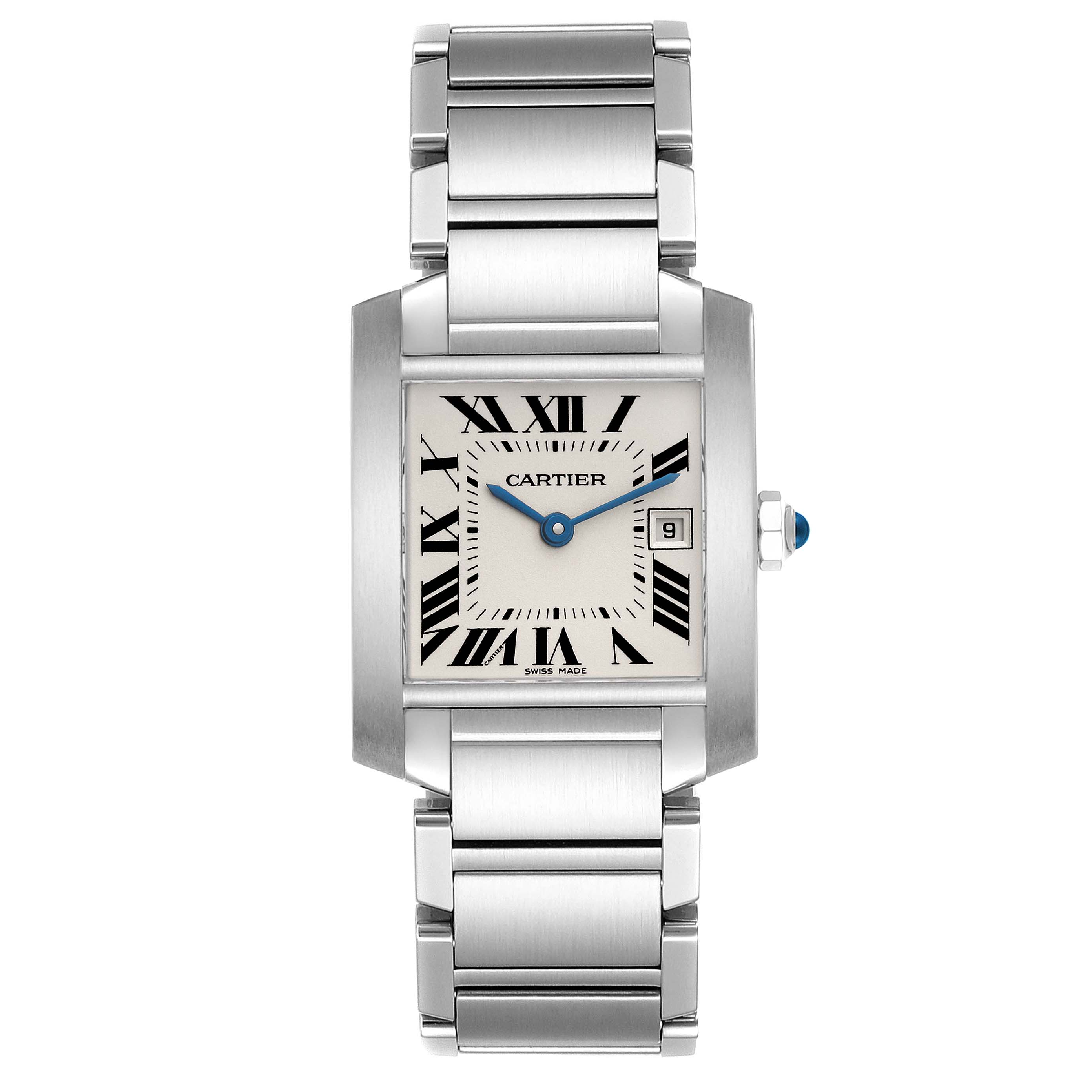 This image shows a frontal view of a Cartier Tank Francaise W51011Q3 Women's Stainless Steel Silver Dial W51011Q3 Women's Stainless Steel Silver Dial watch with its full stainless steel bracelet visible.