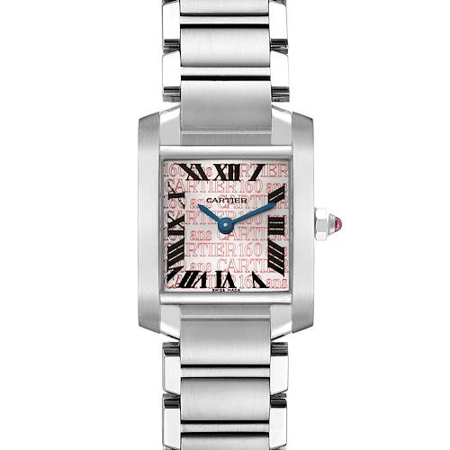 The image shows a top-down view of a Cartier Tank Française watch, featuring the watch face and metal bracelet.