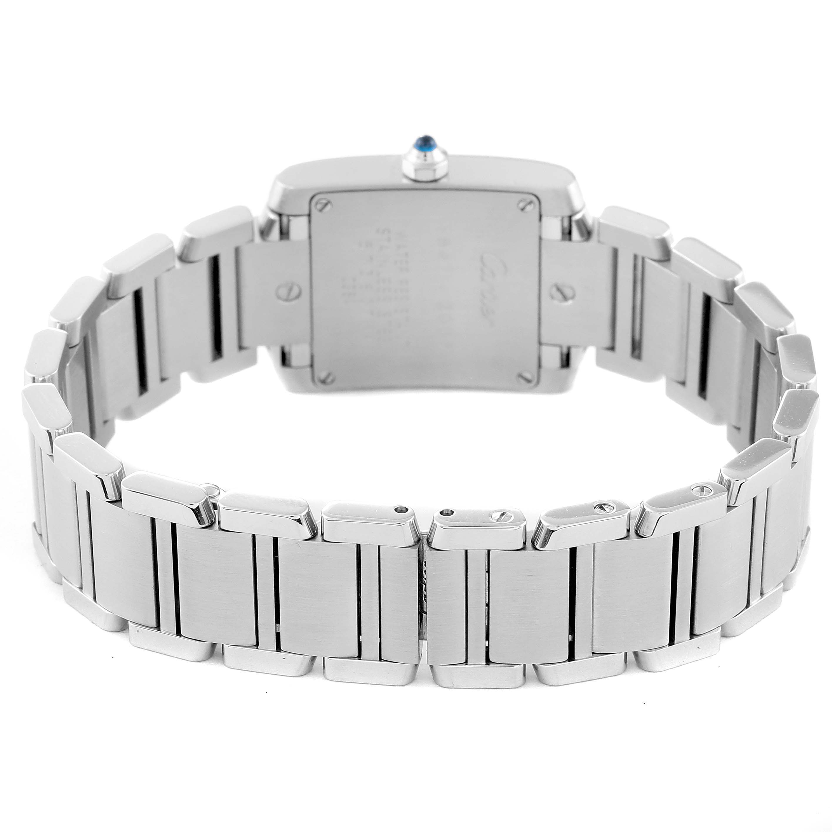 The image shows the back view of a Cartier Tank Francaise W51035Q3 Women's Stainless Steel Silver Dial W51035Q3 Women's Stainless Steel Silver Dial watch, highlighting the bracelet and case back.
