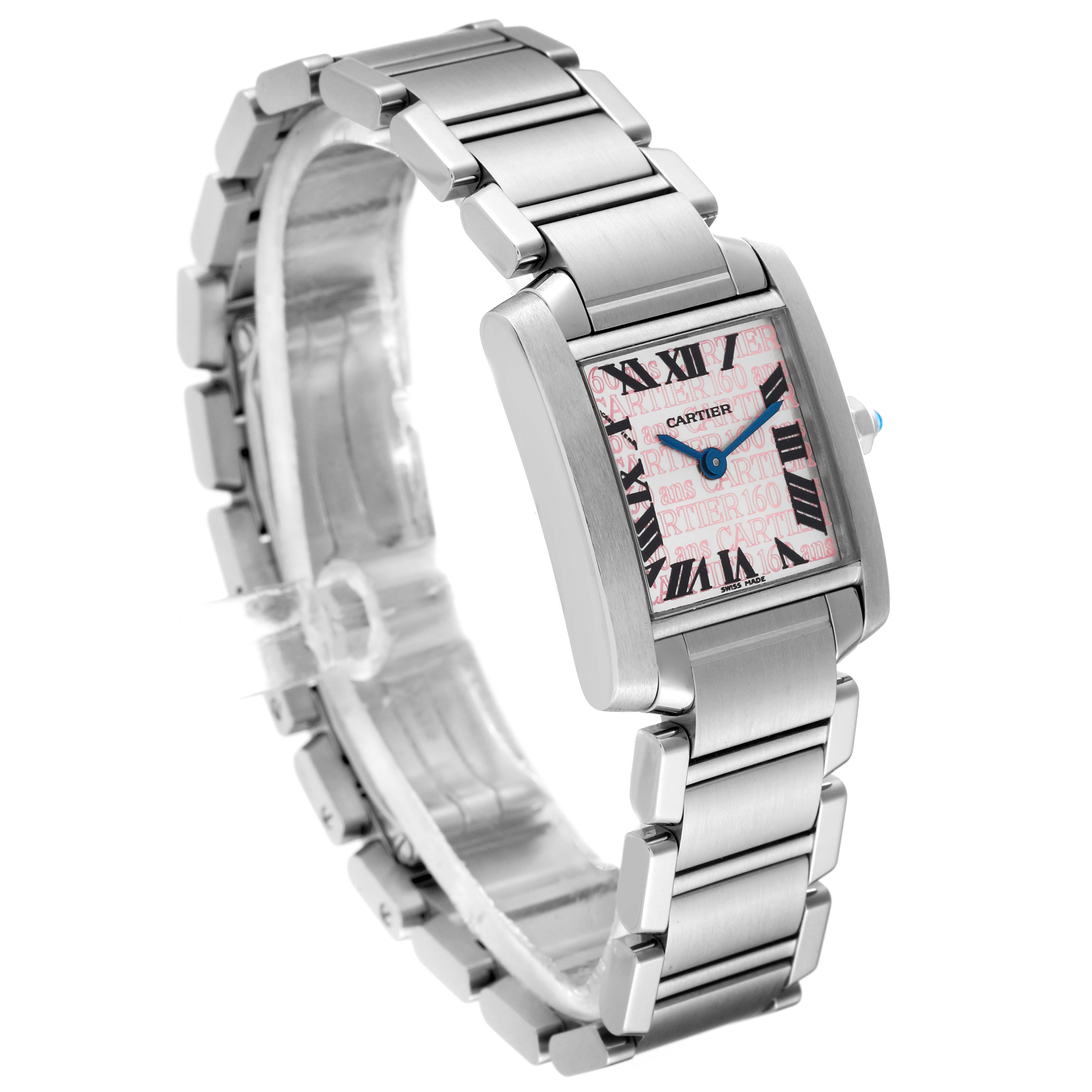 This image shows a Cartier Tank Francaise W51035Q3 Women's Stainless Steel Silver Dial W51035Q3 Women's Stainless Steel Silver Dial watch from a three-quarter angle, highlighting the bracelet and face.