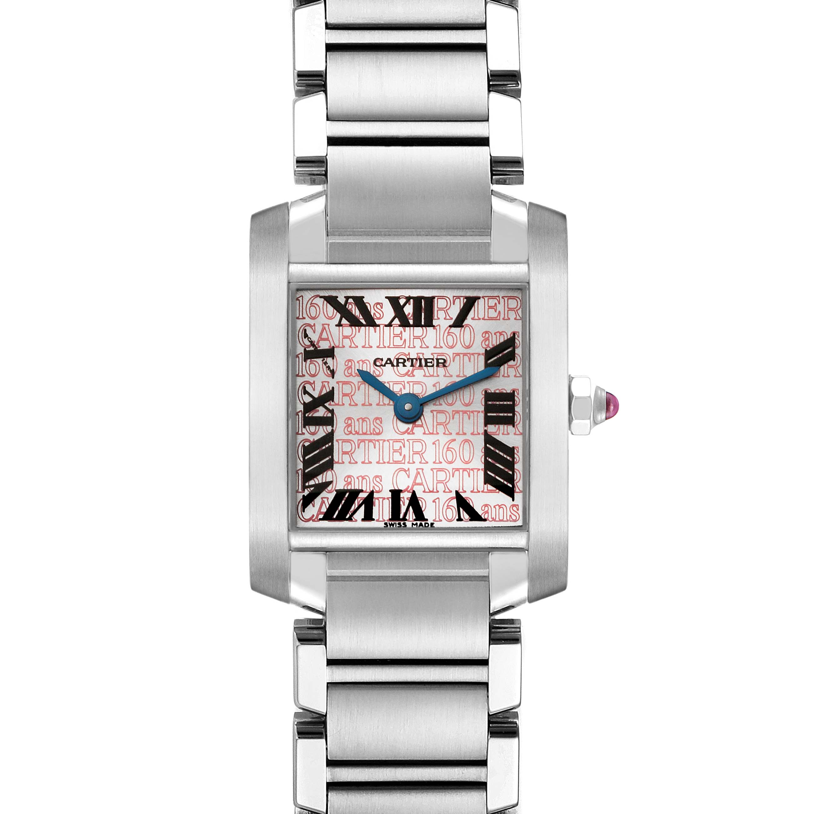 The image shows a front view of a Cartier Tank Francaise W51035Q3 Women's Stainless Steel Silver Dial W51035Q3 Women's Stainless Steel Silver Dial watch, highlighting its face, bracelet, and crown.