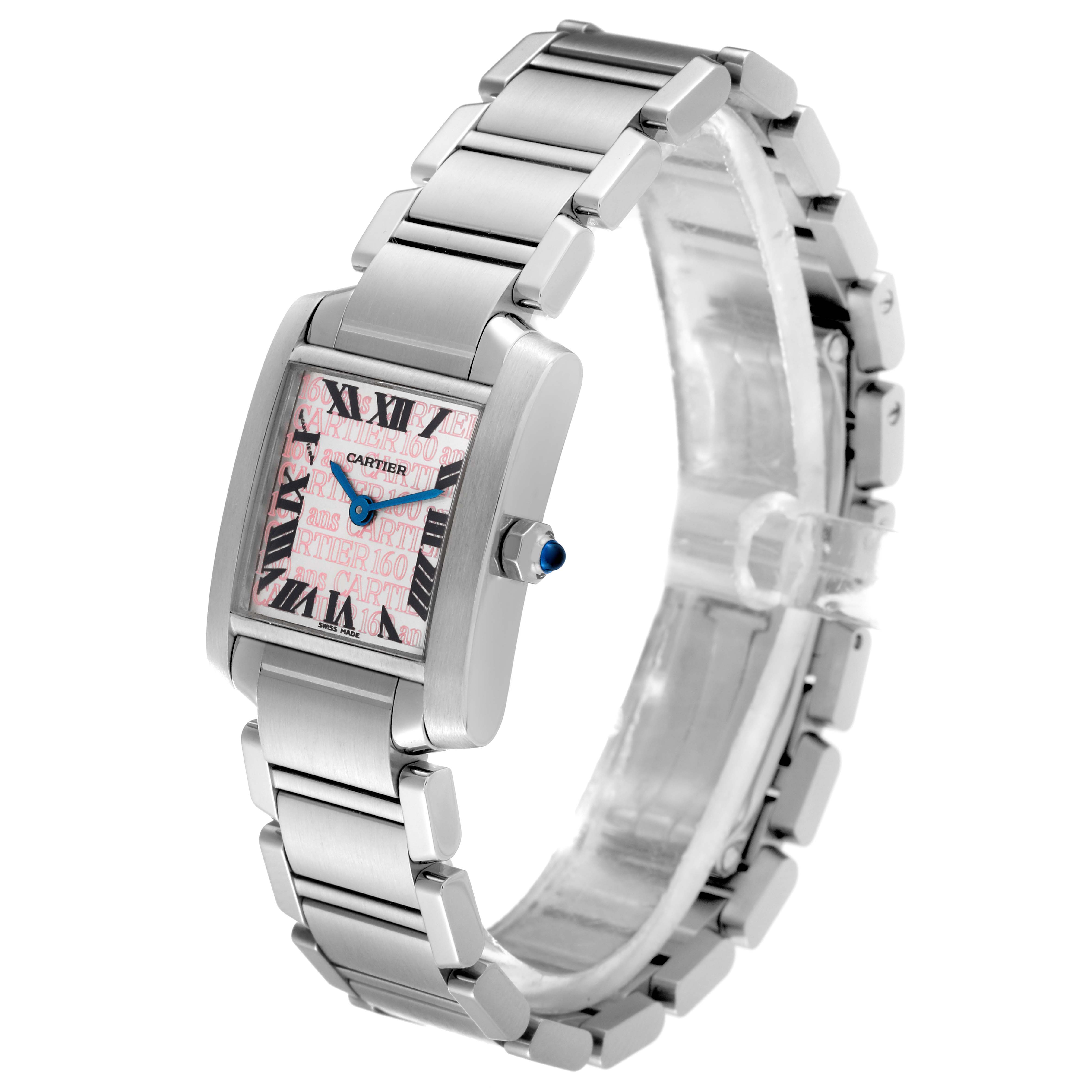 The Cartier Tank Francaise W51035Q3 Women's Stainless Steel Silver Dial W51035Q3 Women's Stainless Steel Silver Dial watch is shown at a slight angle, displaying the face, bezel, crown, and part of the bracelet.
