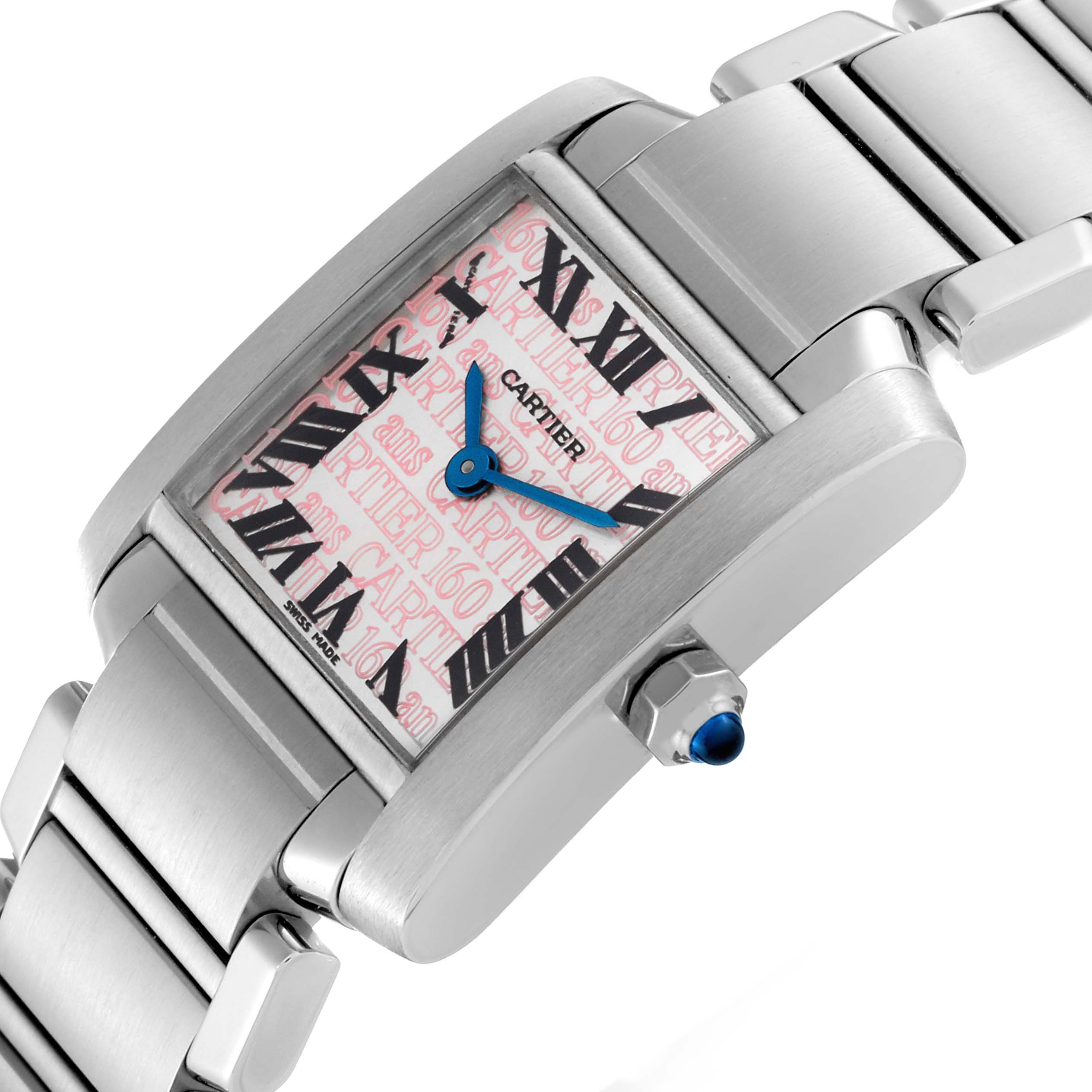 The image shows a Tank Française model by Cartier from a top-front angle, highlighting the dial, bezel, bracelet, and crown with a blue cabochon.