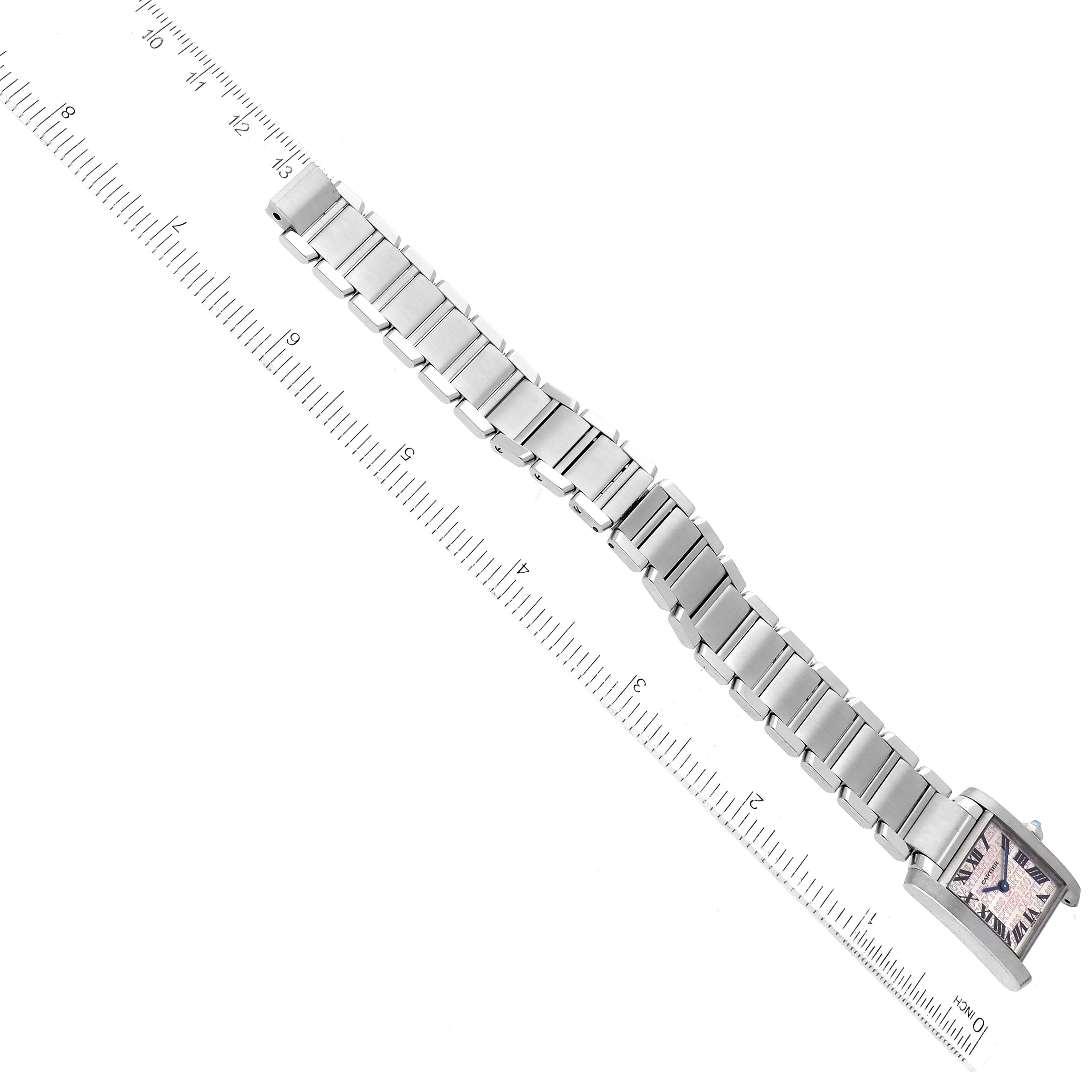 The Cartier Tank Francaise W51035Q3 Women's Stainless Steel Silver Dial W51035Q3 Women's Stainless Steel Silver Dial model is shown from a top-down angle, displaying its entire bracelet and watch face.