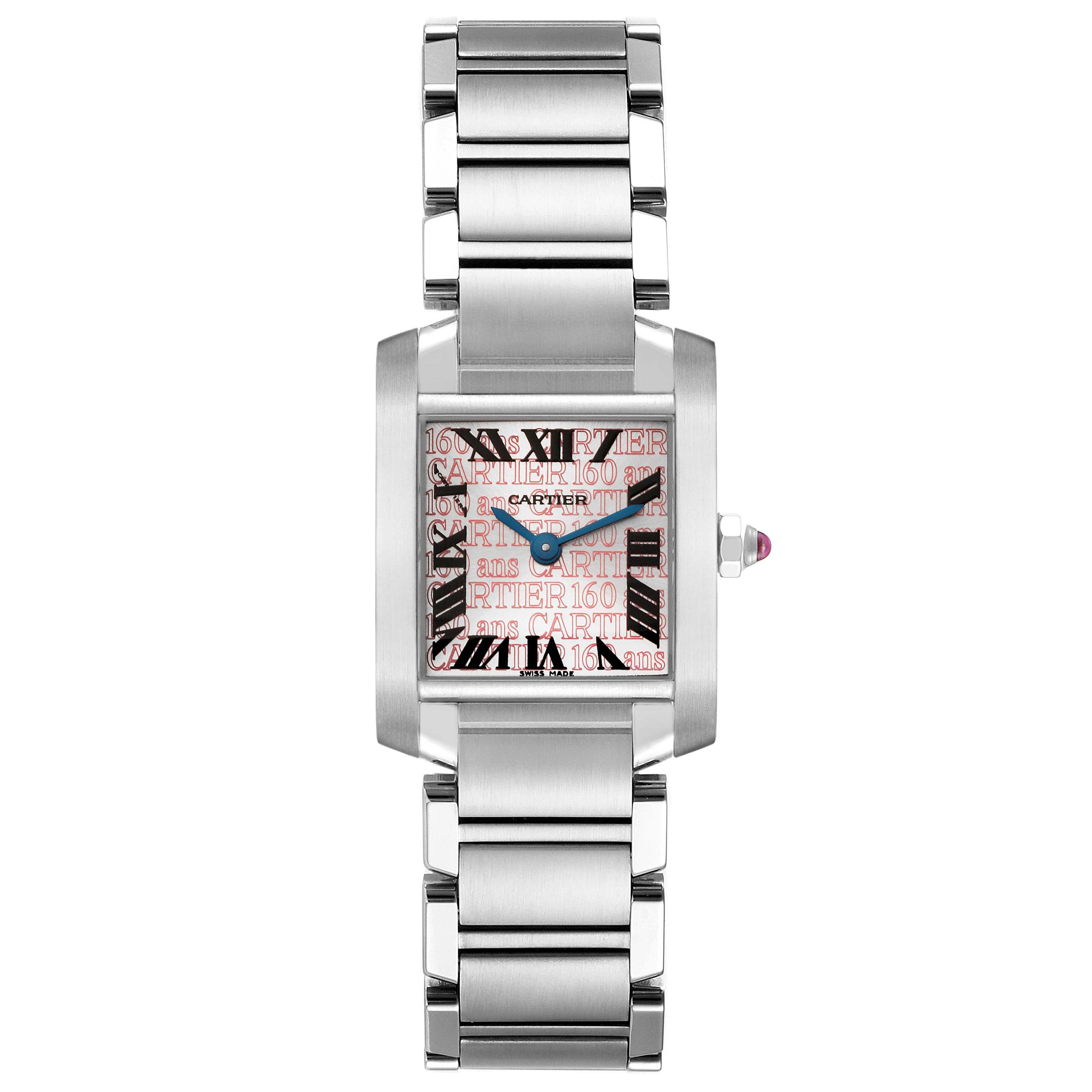 This image shows a Cartier Tank Francaise W51035Q3 Women's Stainless Steel Silver Dial W51035Q3 Women's Stainless Steel Silver Dial watch from a front angle, showcasing its stainless steel bracelet and rectangular face.