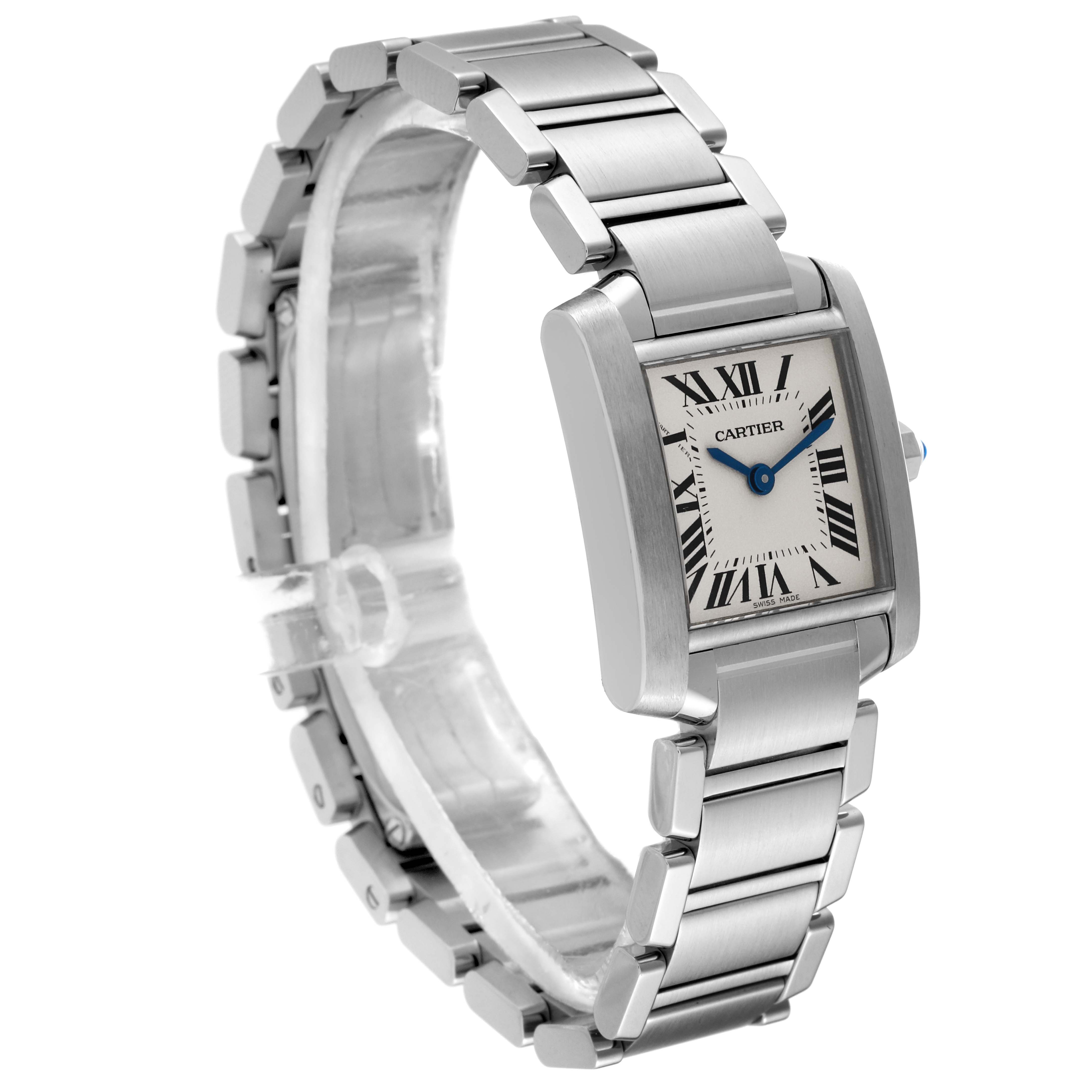 The image shows a Cartier Tank Française watch at a three-quarter angle, displaying its face, bracelet, and lugs.