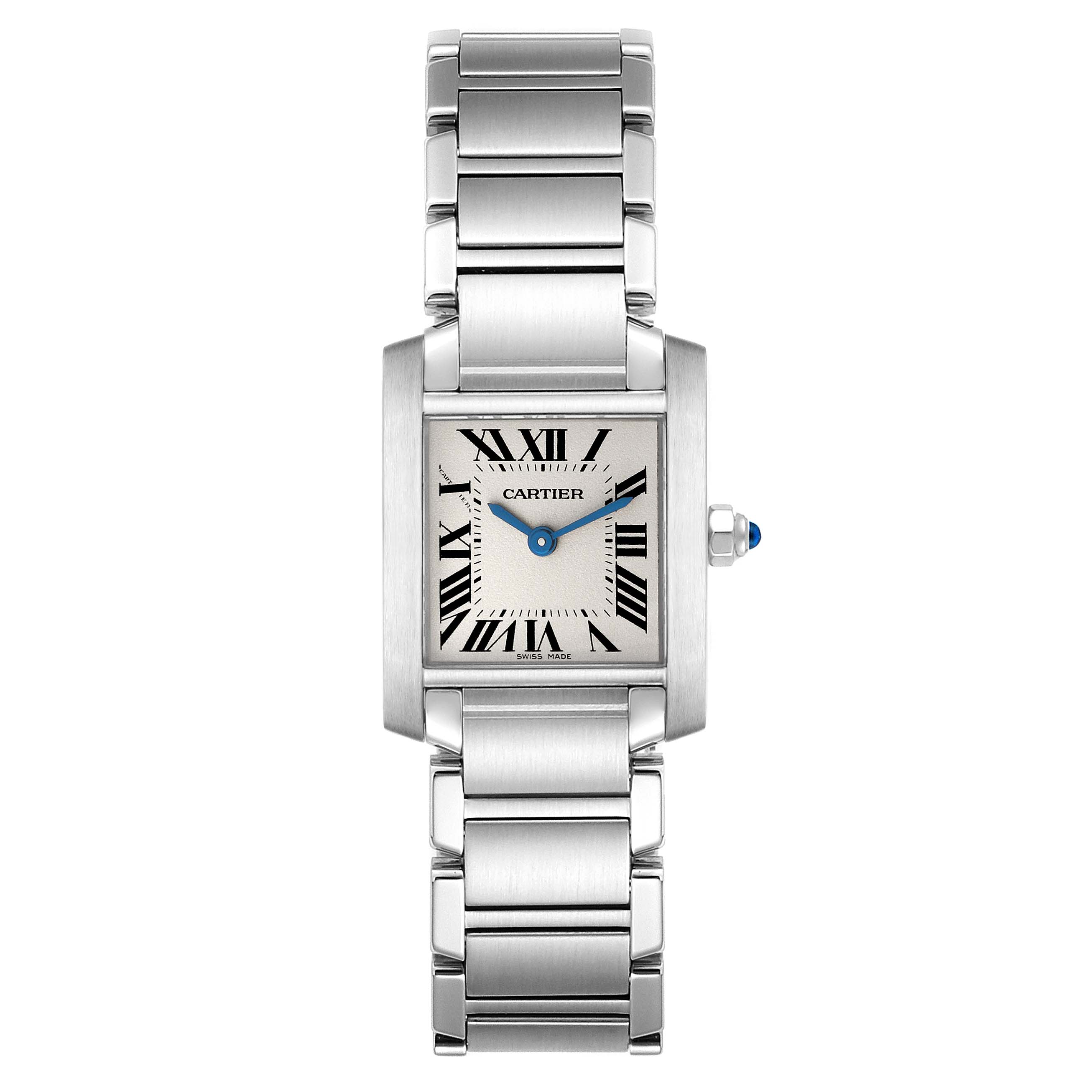 The image shows a Cartier Tank Francaise W51008Q3 Women's Stainless Steel Silver Dial W51008Q3 Women's Stainless Steel Silver Dial watch from a top-down angle, displaying the face, bracelet, and crown.