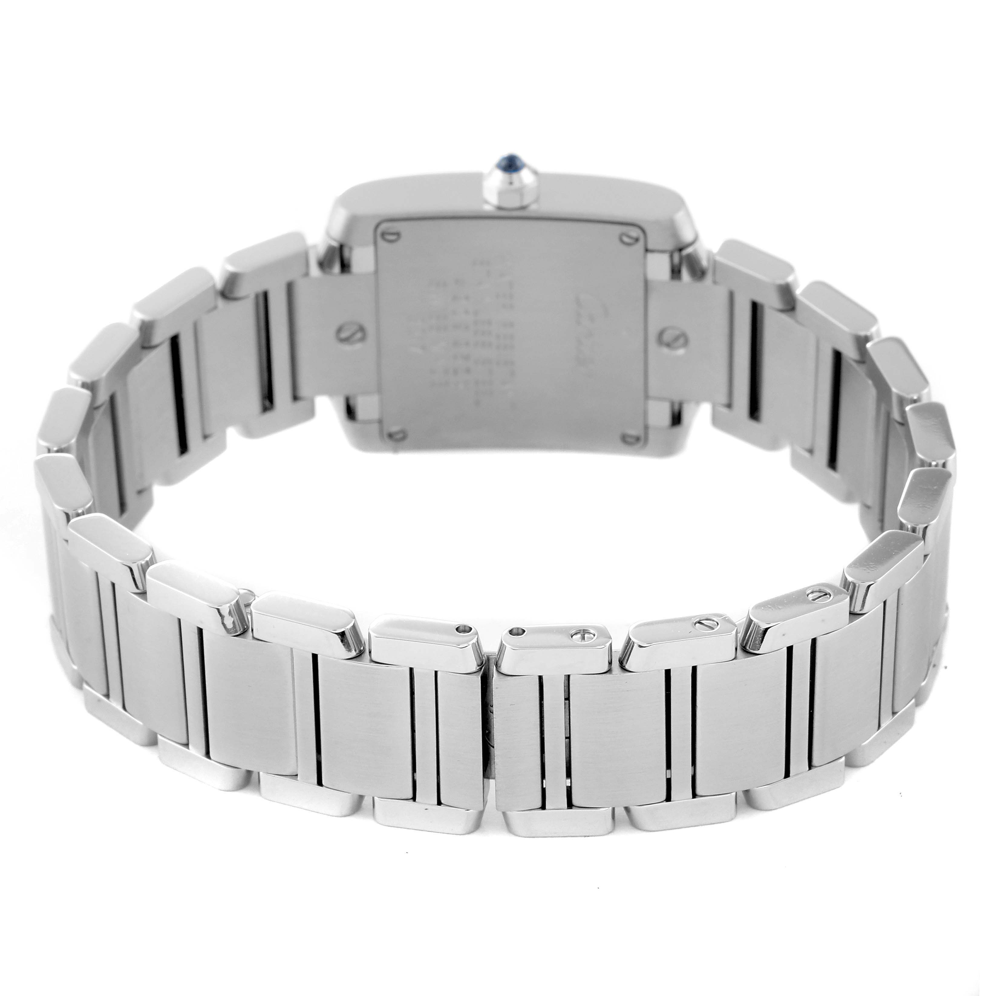 The image shows the back view and metallic bracelet of a Cartier Tank Francaise W51008Q3 Women's Stainless Steel Silver Dial W51008Q3 Women's Stainless Steel Silver Dial watch.
