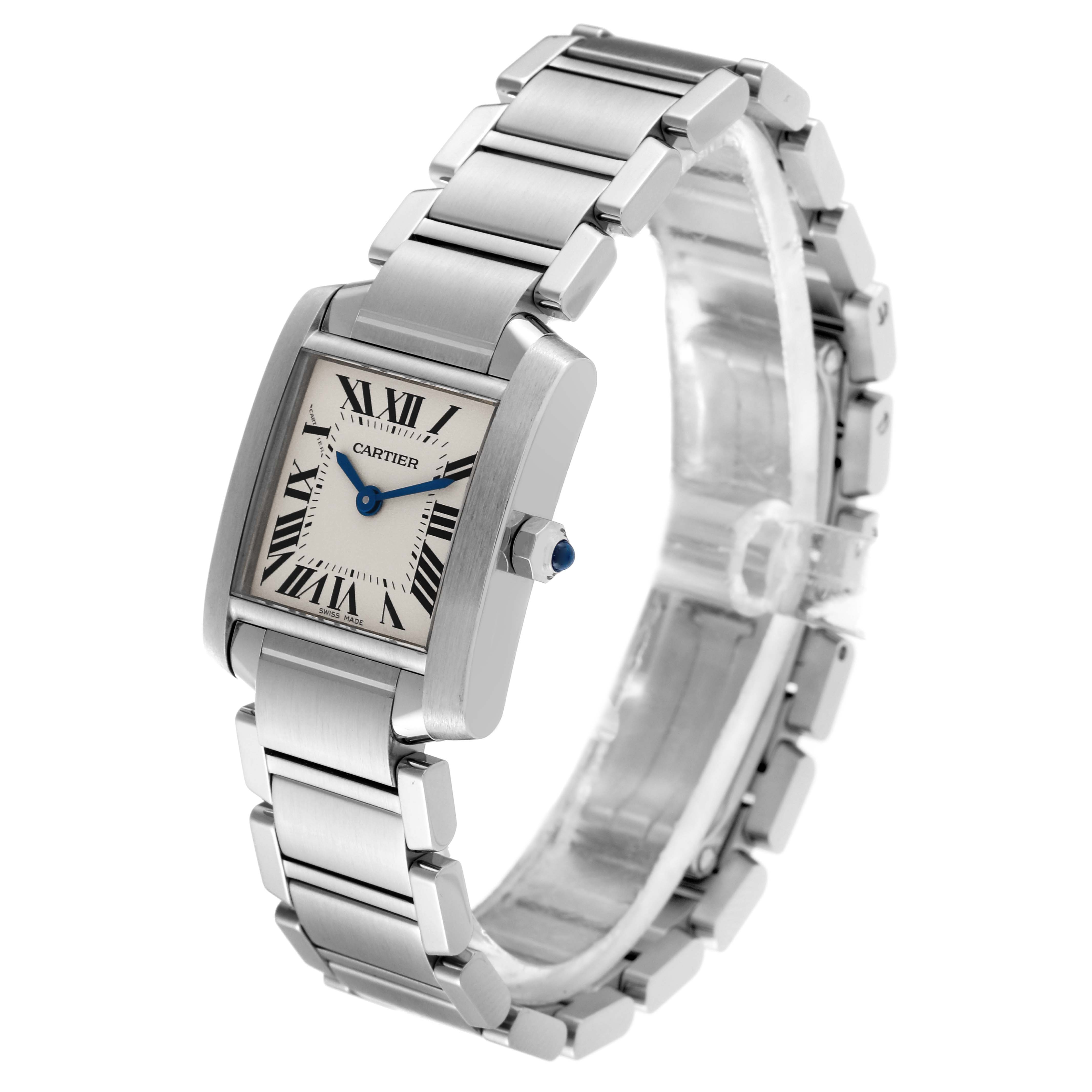 The image shows a Cartier Tank Francaise W51008Q3 Women's Stainless Steel Silver Dial W51008Q3 Women's Stainless Steel Silver Dial watch from an angled view, displaying its rectangular face, roman numerals, and metal bracelet.