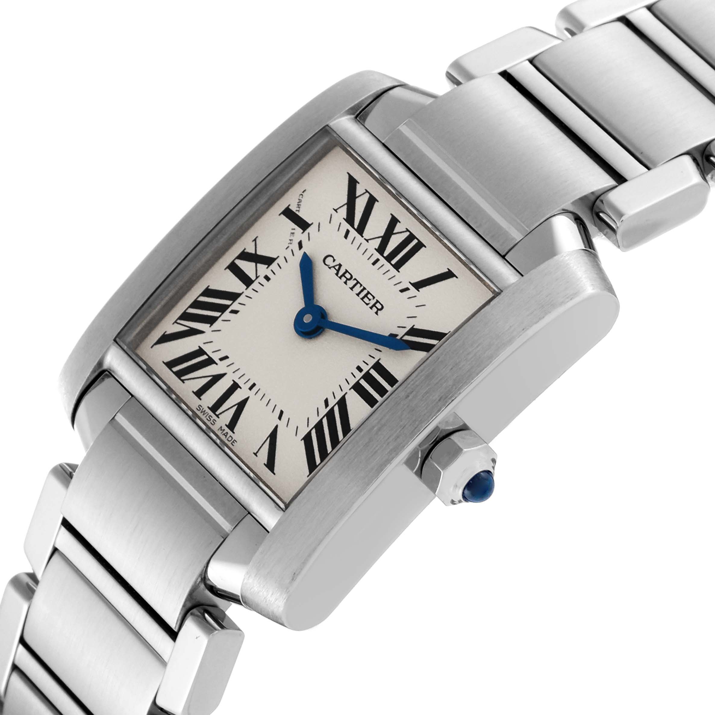 The image shows a close-up, angled view of the dial and part of the bracelet of the Cartier Tank Francaise W51008Q3 Women's Stainless Steel Silver Dial W51008Q3 Women's Stainless Steel Silver Dial watch.