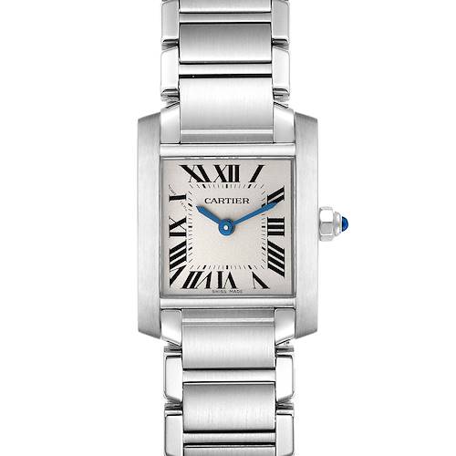 This image shows a frontal view of the Cartier Tank Française watch, highlighting its rectangular dial and metal bracelet.