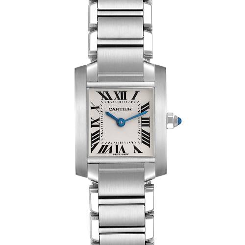 This image shows a frontal view of the Cartier Tank Francaise watch, highlighting the face, Roman numerals, and stainless steel band.