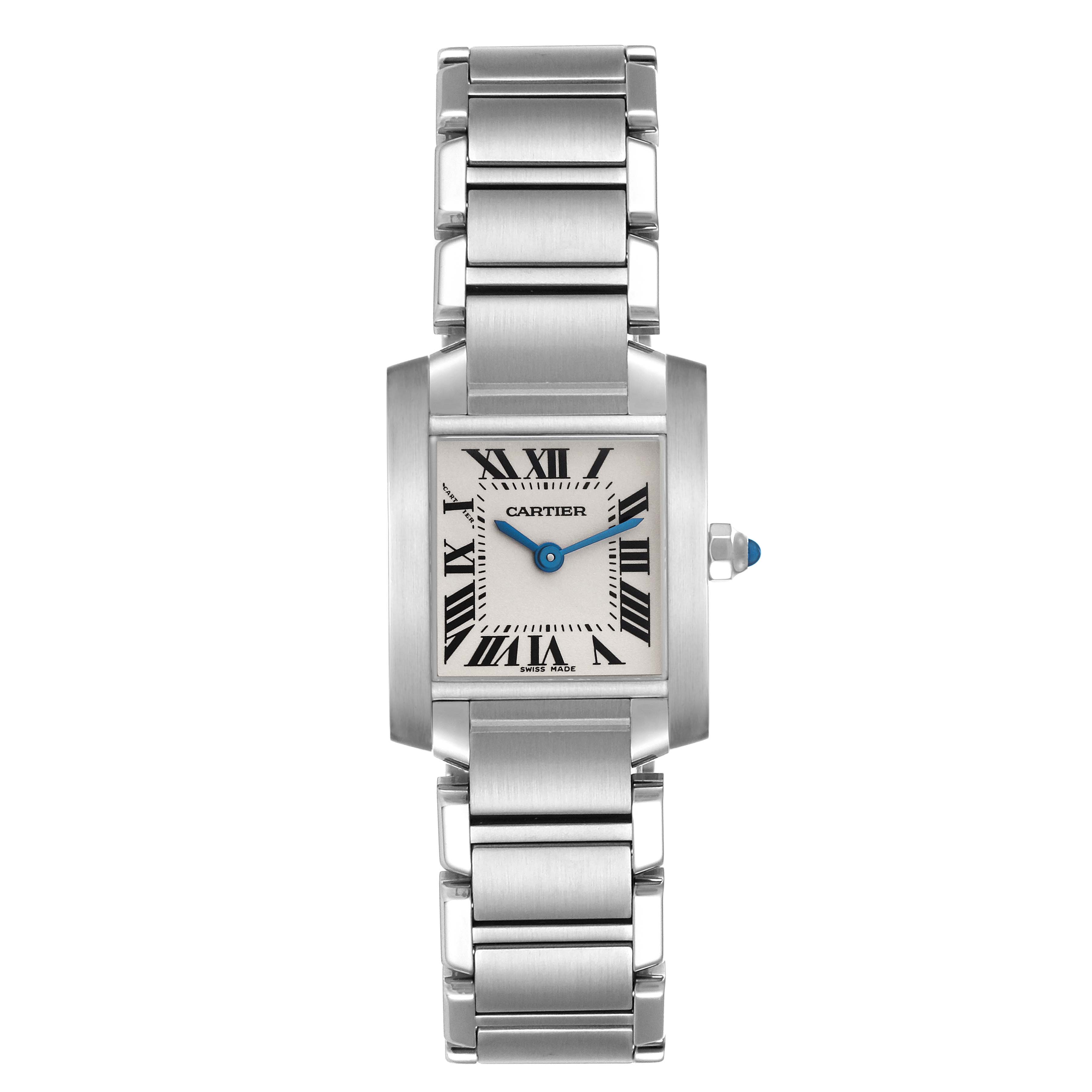 This Cartier Tank Francaise W51008Q3 Women's Stainless Steel Silver Dial W51008Q3 Women's Stainless Steel Silver Dial watch is shown from a top-down angle, displaying the face, bracelet, and crown.