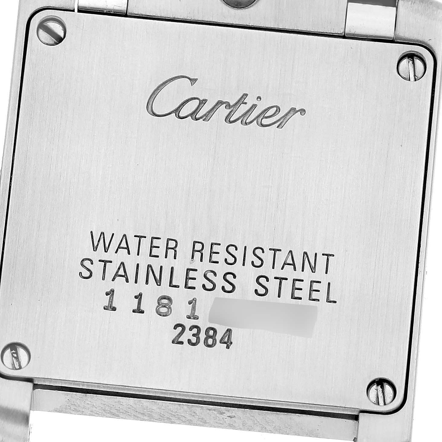 This is an image showing the back case of a Cartier Tank Francaise W51008Q3 Women's Stainless Steel Silver Dial W51008Q3 Women's Stainless Steel Silver Dial watch, highlighting its engraving and water resistance information.
