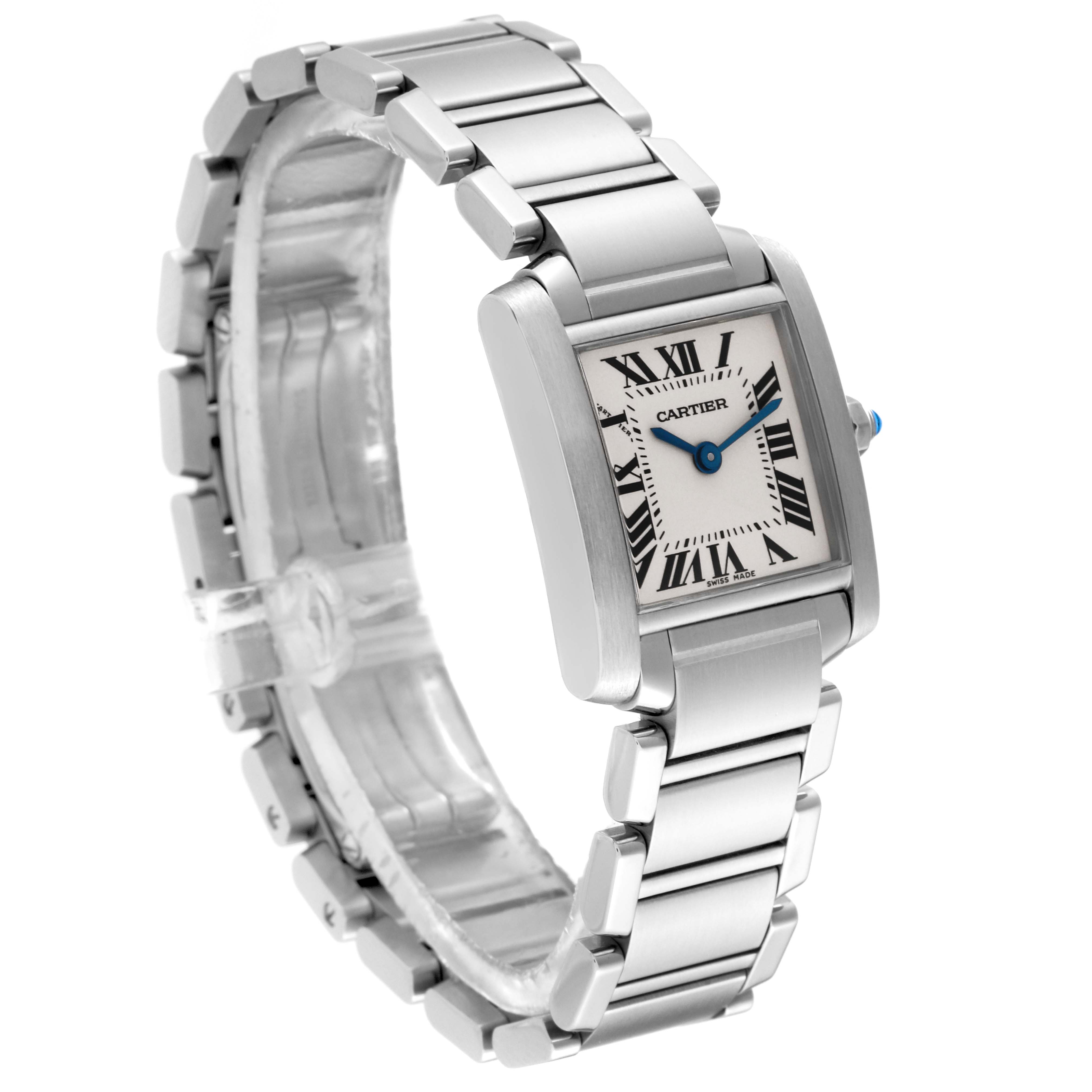 The image shows a Cartier Tank Francaise W51008Q3 Women's Stainless Steel Silver Dial W51008Q3 Women's Stainless Steel Silver Dial watch at a three-quarter angle, displaying the bracelet and square dial with Roman numerals.