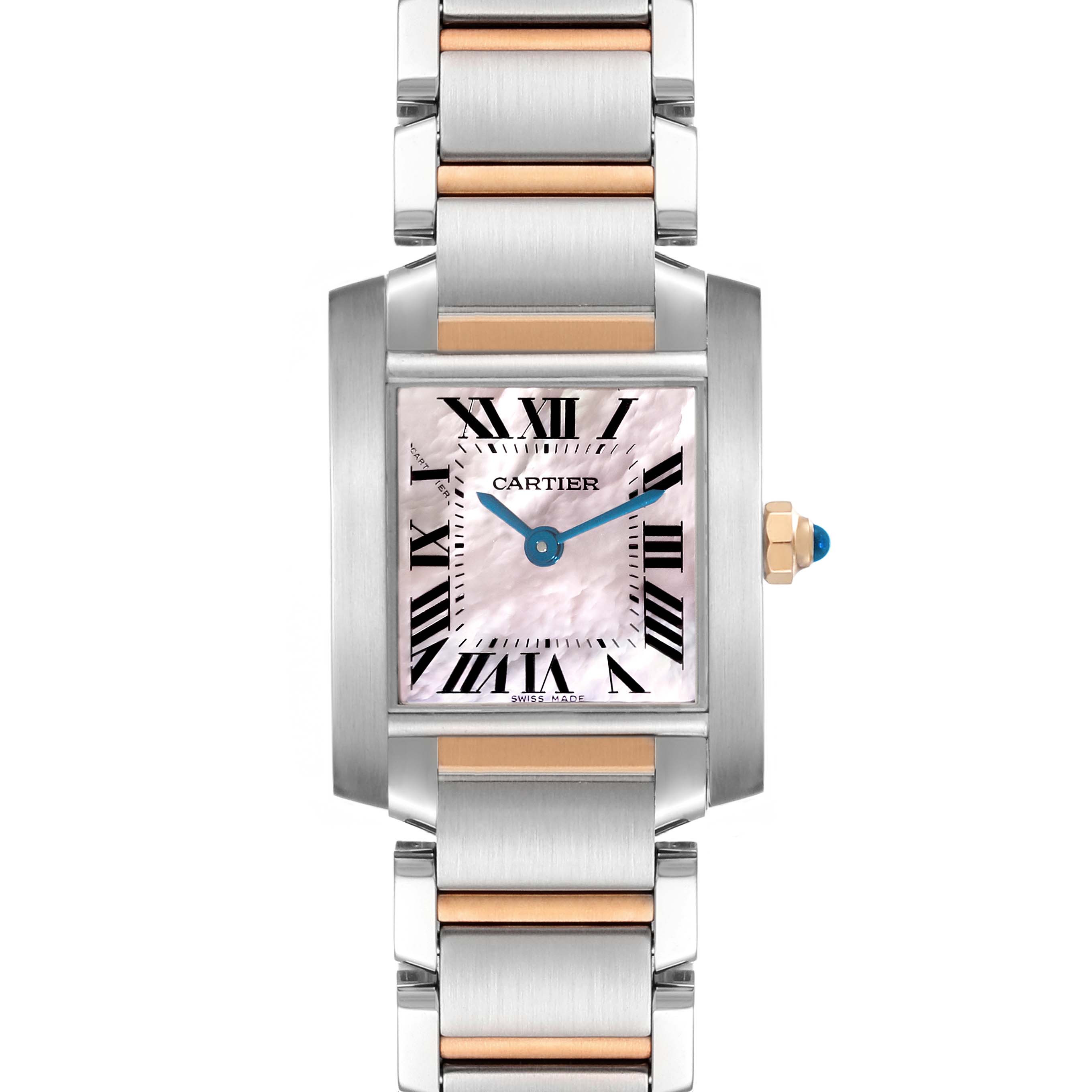 The image shows a front view of the Cartier Tank Francaise W51027Q4 Women's Steel and Gold (two tone) Mother of Pearl Dial W51027Q4 Women's Steel and Gold (two tone) Mother of Pearl Dial watch, detailing its face, bracelet, and crown.