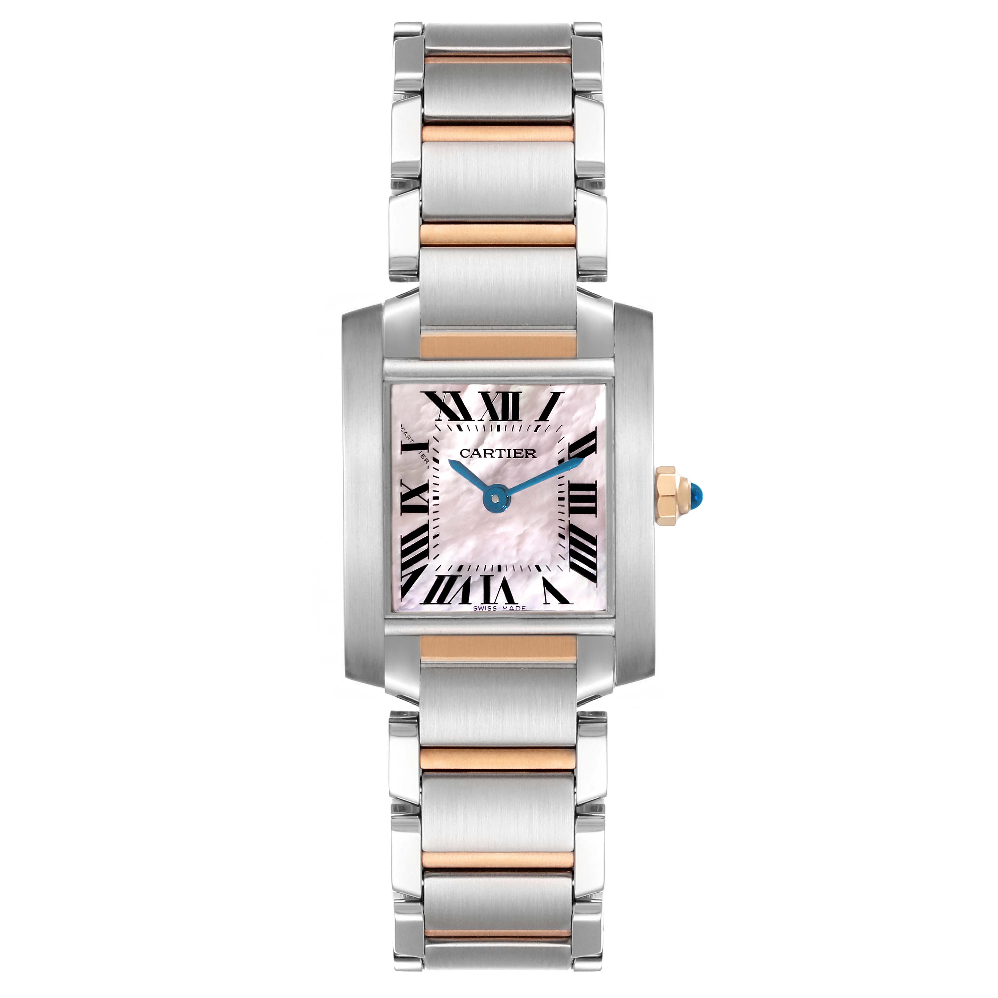 This is a top-down view of a Cartier Tank Francaise W51027Q4 Women's Steel and Gold (two tone) Mother of Pearl Dial W51027Q4 Women's Steel and Gold (two tone) Mother of Pearl Dial watch, showing its face, bracelet, and crown.
