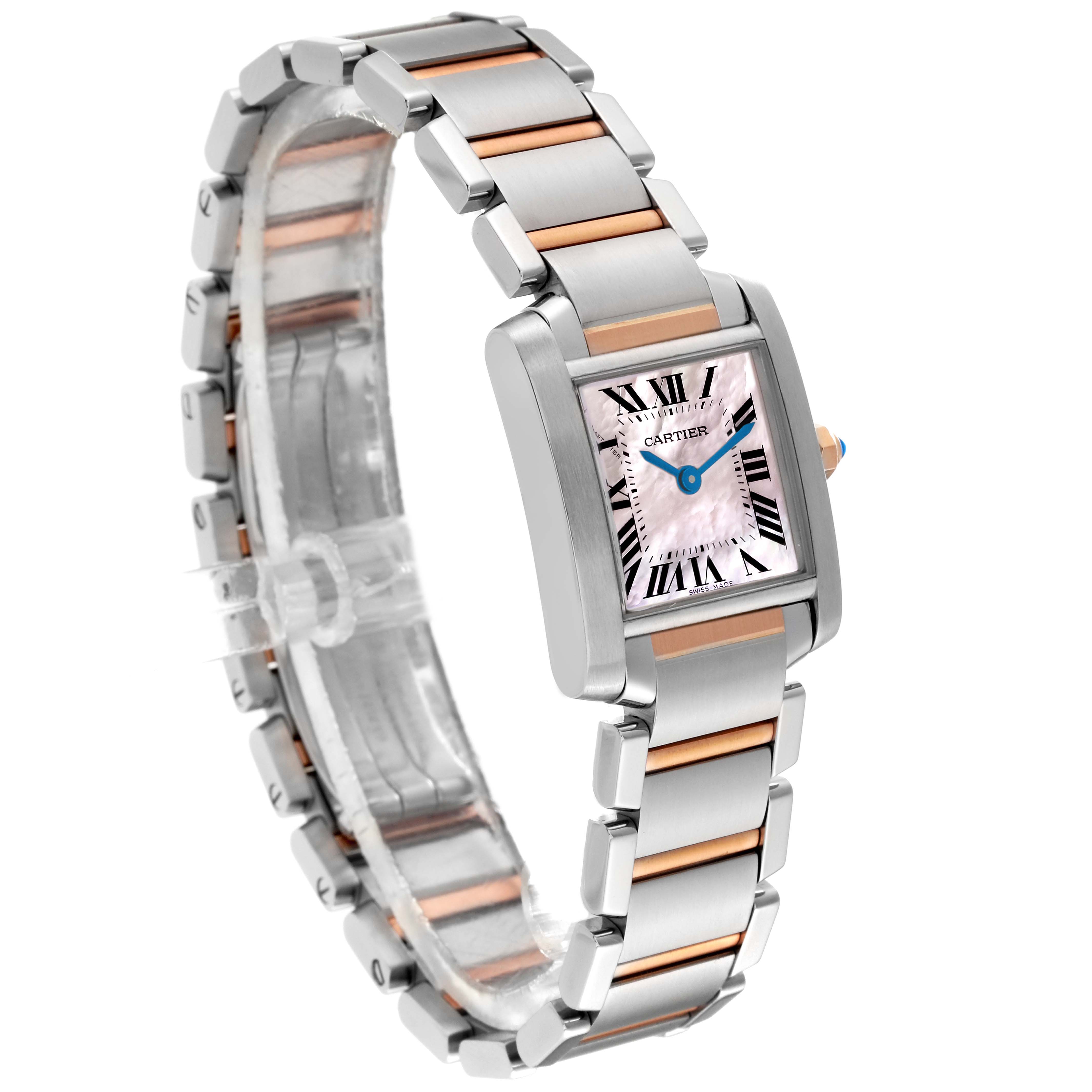 The Cartier Tank Francaise W51027Q4 Women's Steel and Gold (two tone) Mother of Pearl Dial W51027Q4 Women's Steel and Gold (two tone) Mother of Pearl Dial watch is shown at a three-quarter angle, highlighting the band, face, and crown.