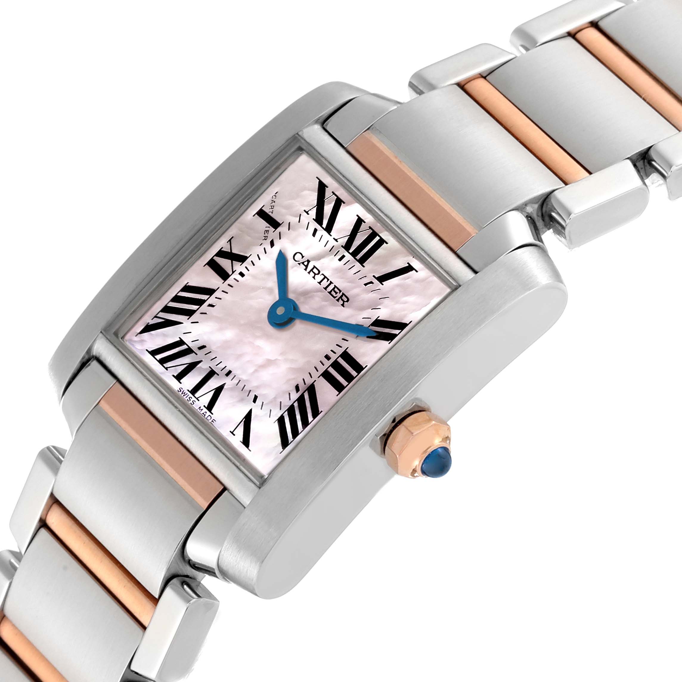 The Cartier Tank Francaise W51027Q4 Women's Steel and Gold (two tone) Mother of Pearl Dial W51027Q4 Women's Steel and Gold (two tone) Mother of Pearl Dial watch is shown at an angle, featuring its rectangular face, Roman numerals, and two-tone metal bracelet.