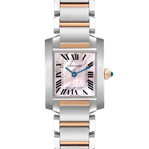 The image shows a head-on view of a Cartier Tank Francaise watch, highlighting its face, crown, and part of the bracelet.