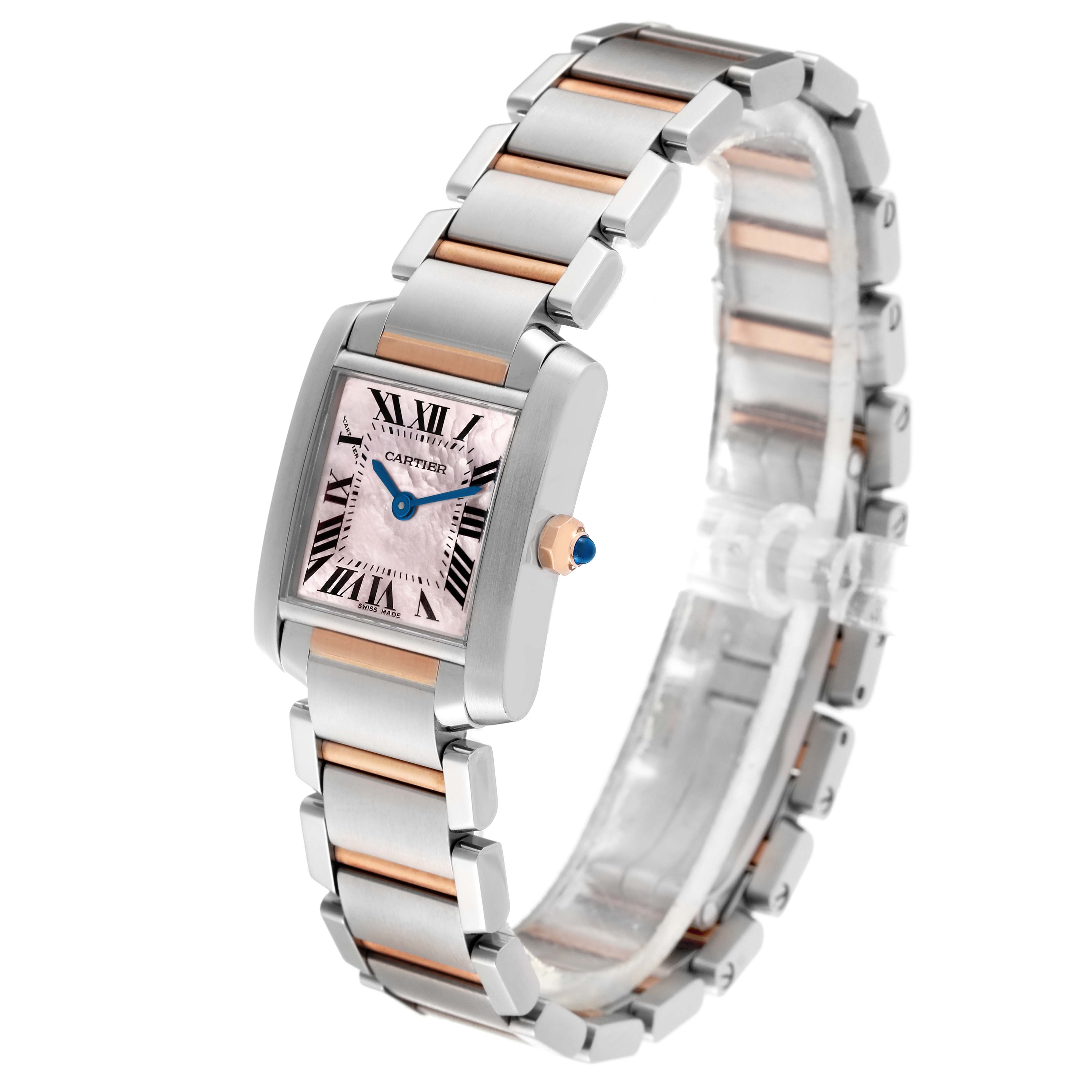 The image shows a Cartier Tank Francaise W51027Q4 Women's Steel and Gold (two tone) Mother of Pearl Dial W51027Q4 Women's Steel and Gold (two tone) Mother of Pearl Dial watch at a slight angle, emphasizing its face, crown, and bracelet.