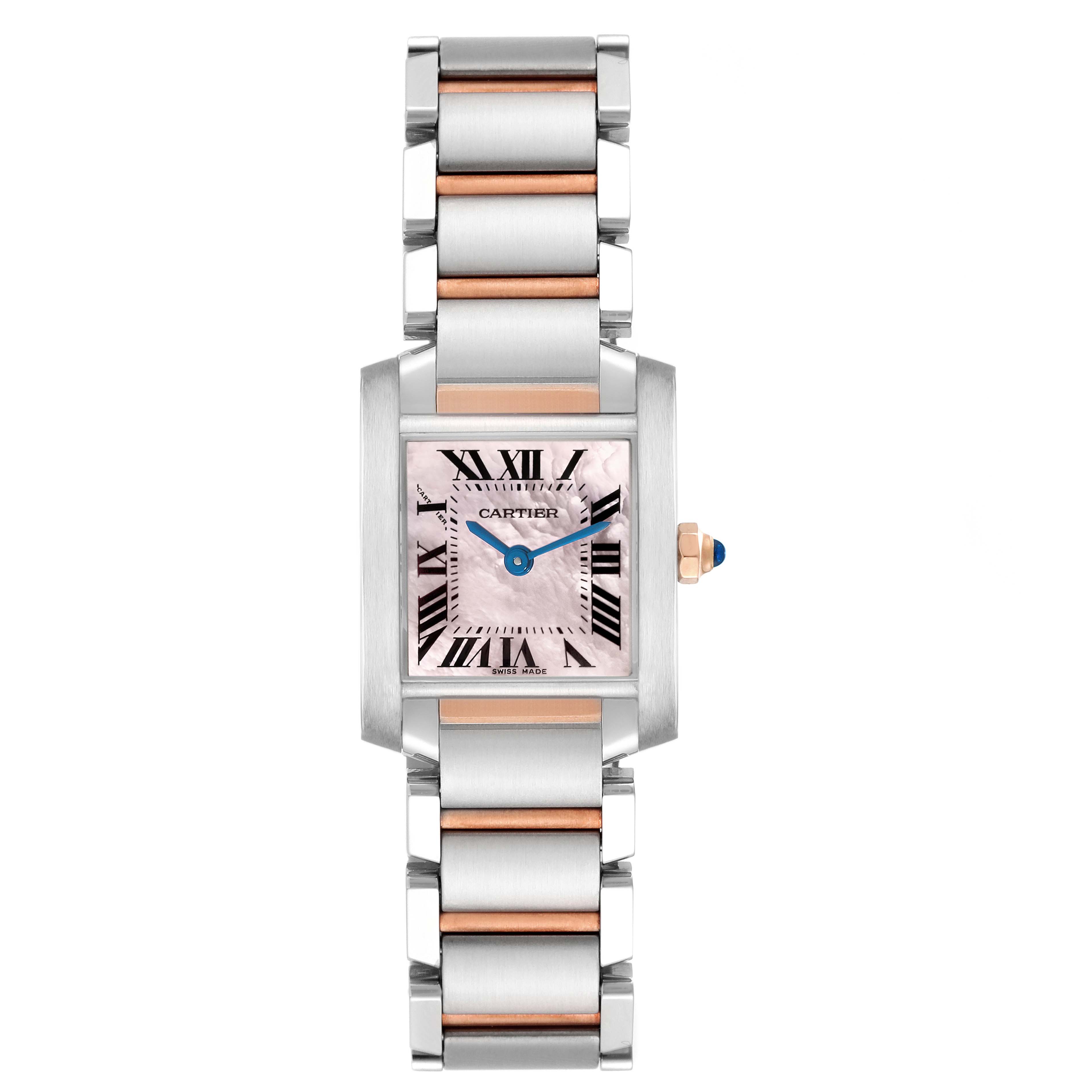 This Cartier Tank Francaise W51027Q4 Women's Steel and Gold (two tone) Mother of Pearl Dial W51027Q4 Women's Steel and Gold (two tone) Mother of Pearl Dial watch is shown from a top-down angle, displaying its face, bezel, and full bracelet.