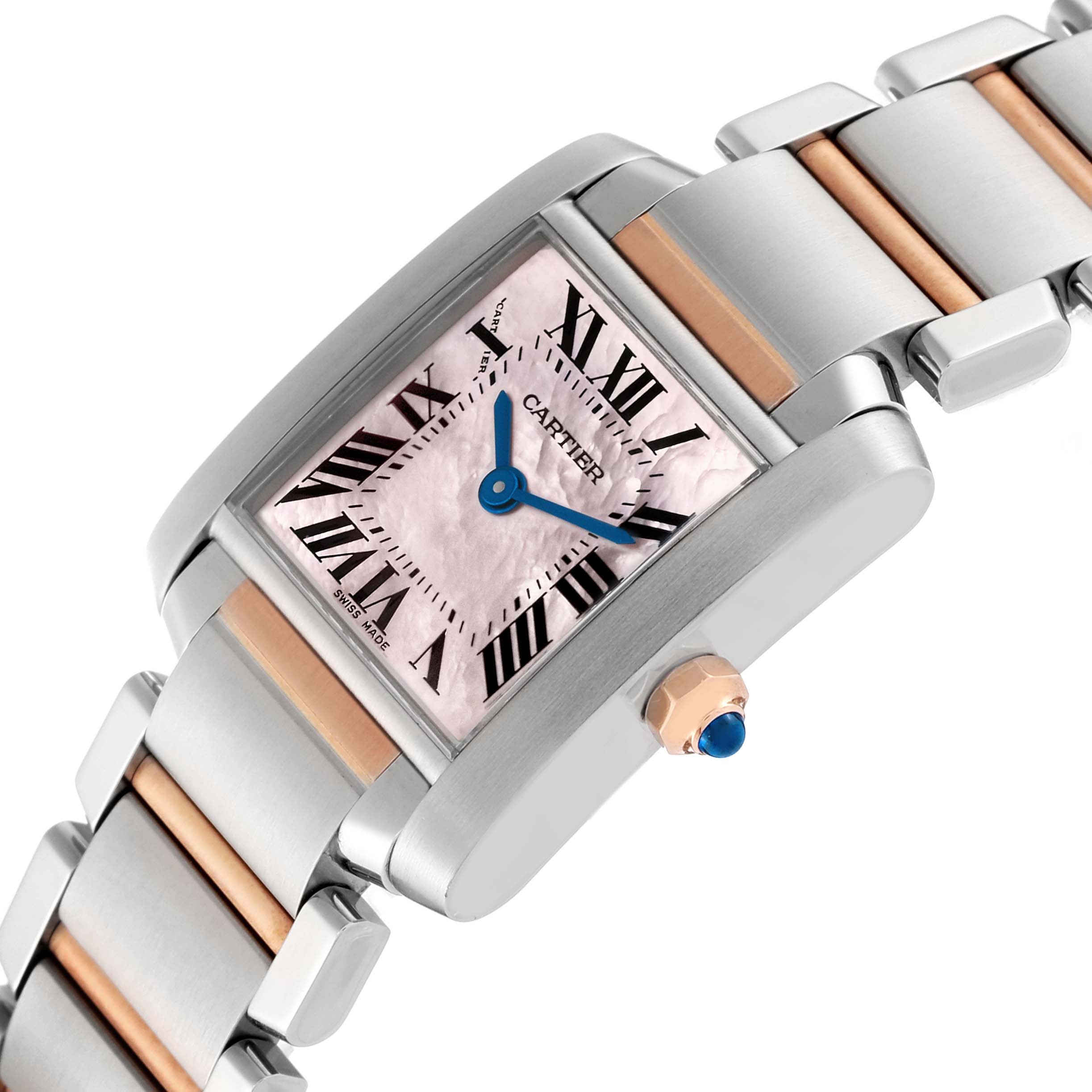 The image shows a Cartier Tank Francaise W51027Q4 Women's Steel and Gold (two tone) Mother of Pearl Dial W51027Q4 Women's Steel and Gold (two tone) Mother of Pearl Dial watch angled from the top left, highlighting the dial, crown, and part of the bracelet.