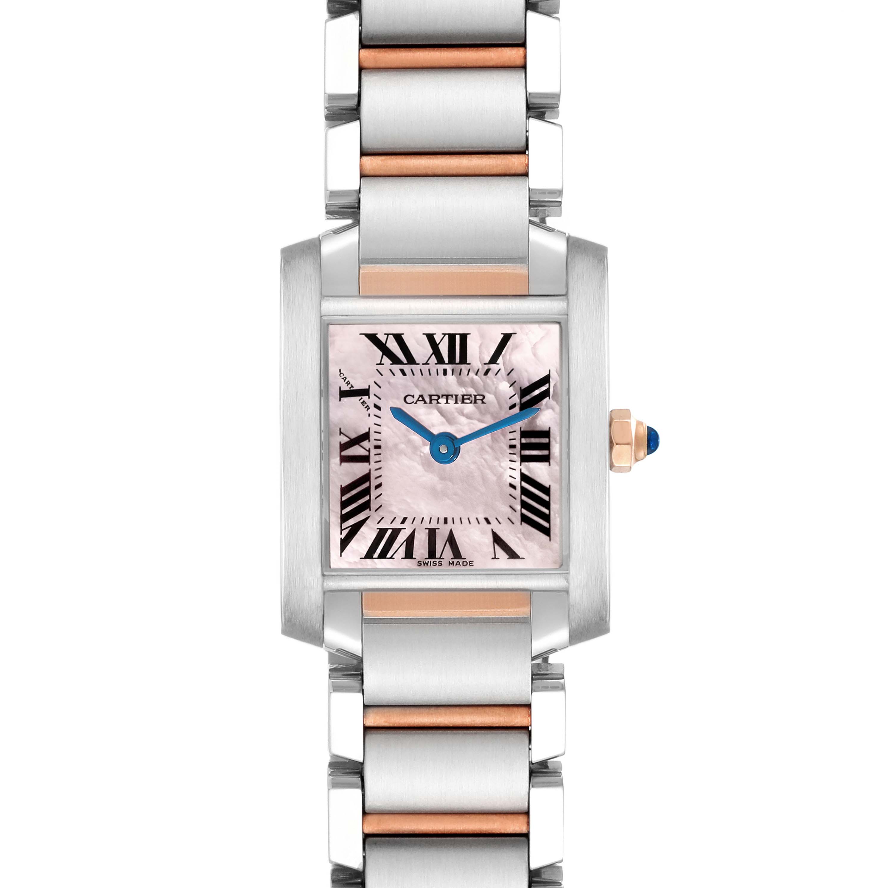 The image displays a front-facing Cartier Tank Francaise W51027Q4 Women's Steel and Gold (two tone) Mother of Pearl Dial W51027Q4 Women's Steel and Gold (two tone) Mother of Pearl Dial watch, highlighting its dial, Roman numerals, hands, and bracelet.
