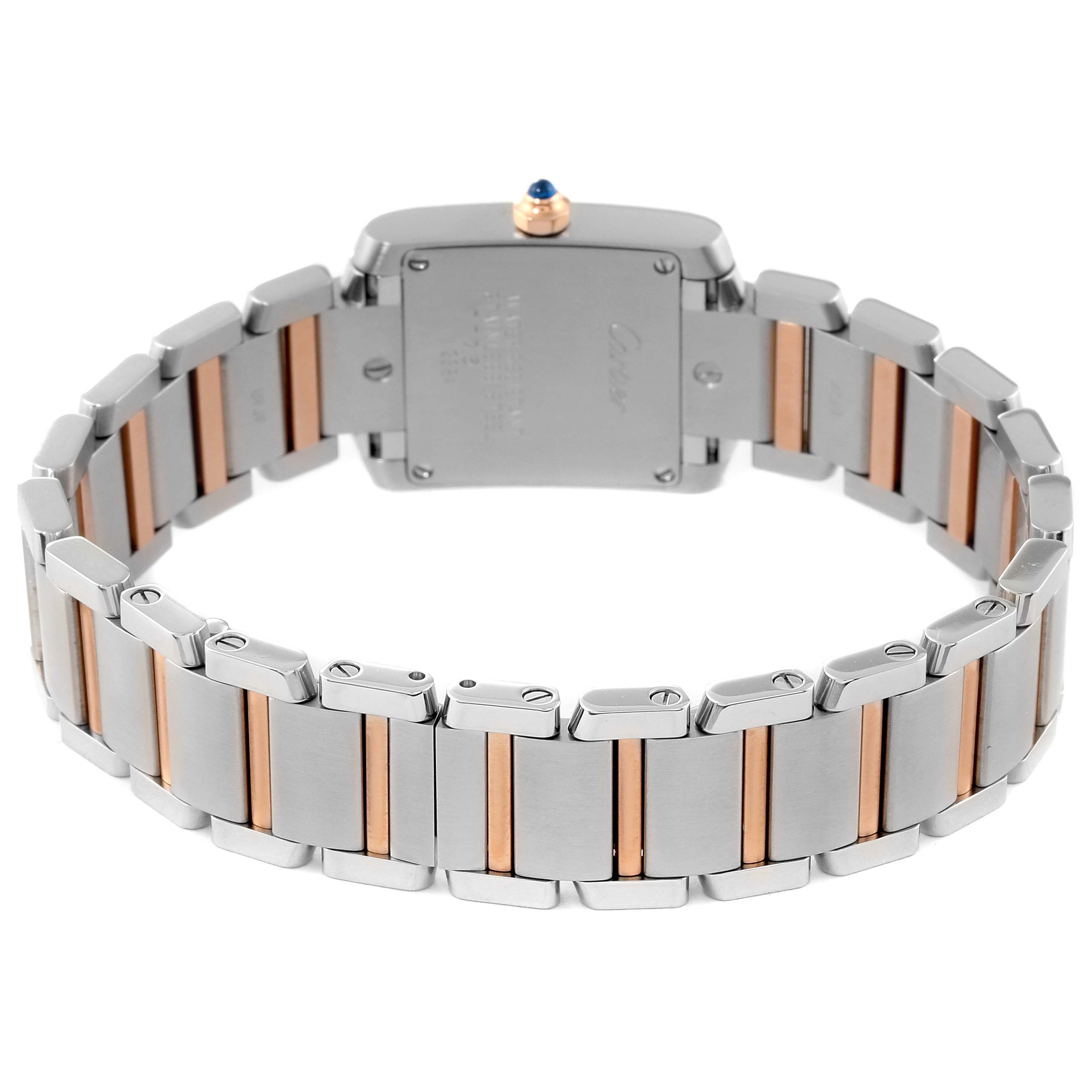 The image shows a rear view of the Tank Francaise Cartier watch, highlighting its bracelet and case back.