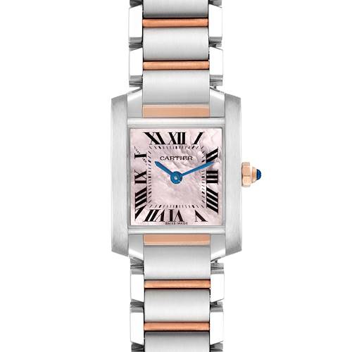 The image shows a frontal view of a Cartier Tank Francaise watch, highlighting the face, bezel, and part of the bracelet.