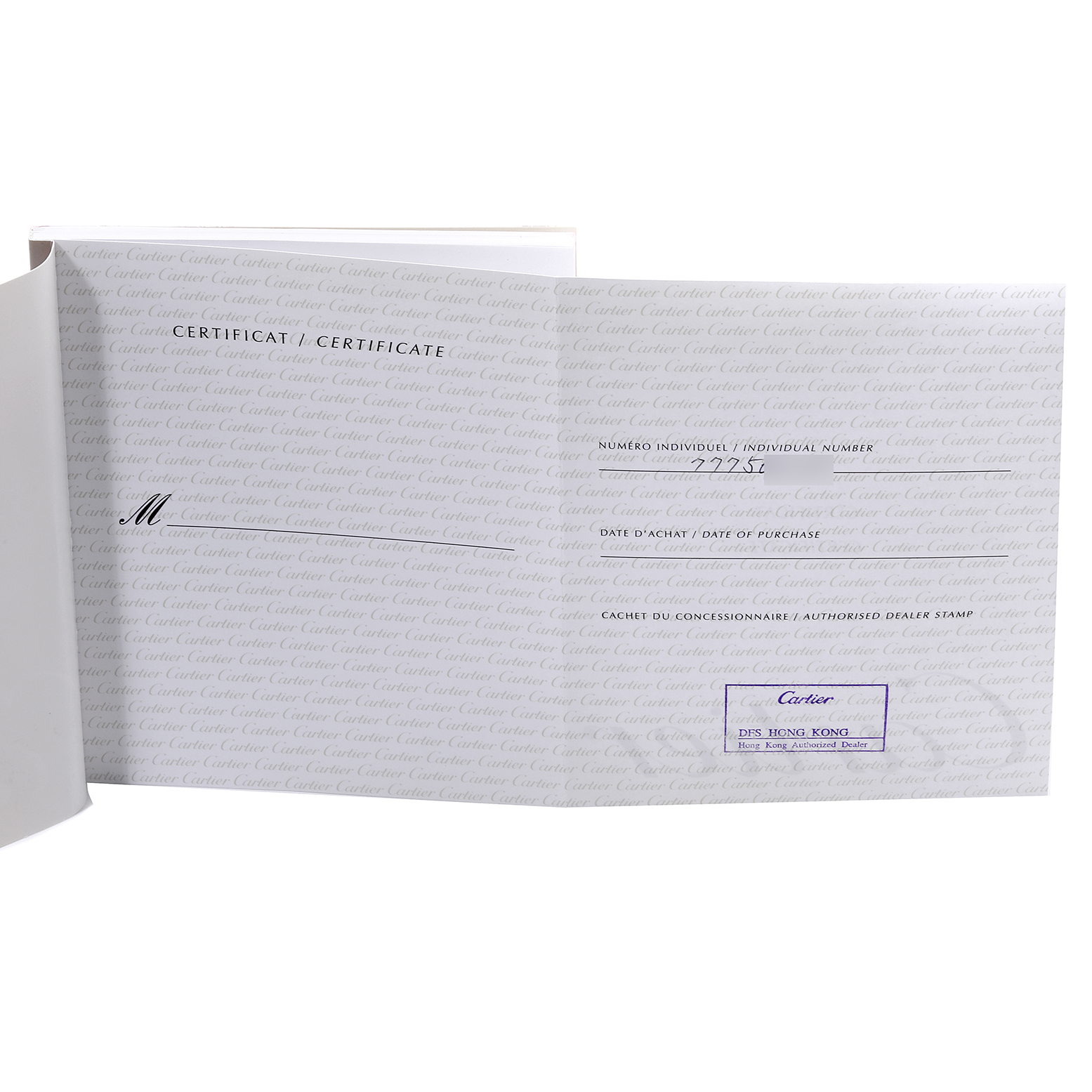 The image shows an open certificate booklet for a Tank Francaise model by Cartier, displaying the individual number and dealer stamp.