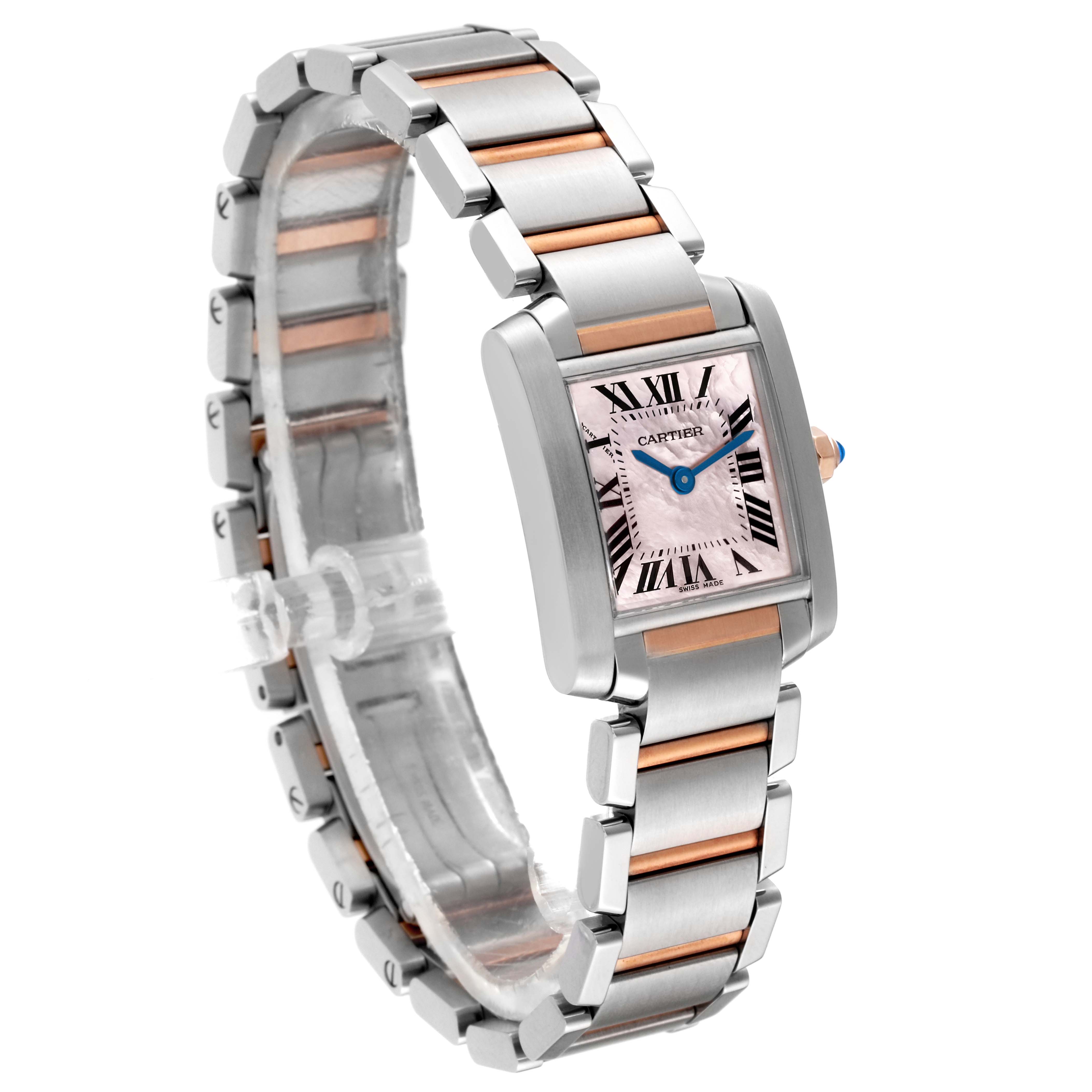 The image shows a Cartier Tank Francaise W51027Q4 Women's Steel and Gold (two tone) Mother of Pearl Dial W51027Q4 Women's Steel and Gold (two tone) Mother of Pearl Dial watch photographed at an angle displaying the watch face, bracelet, and clasp.